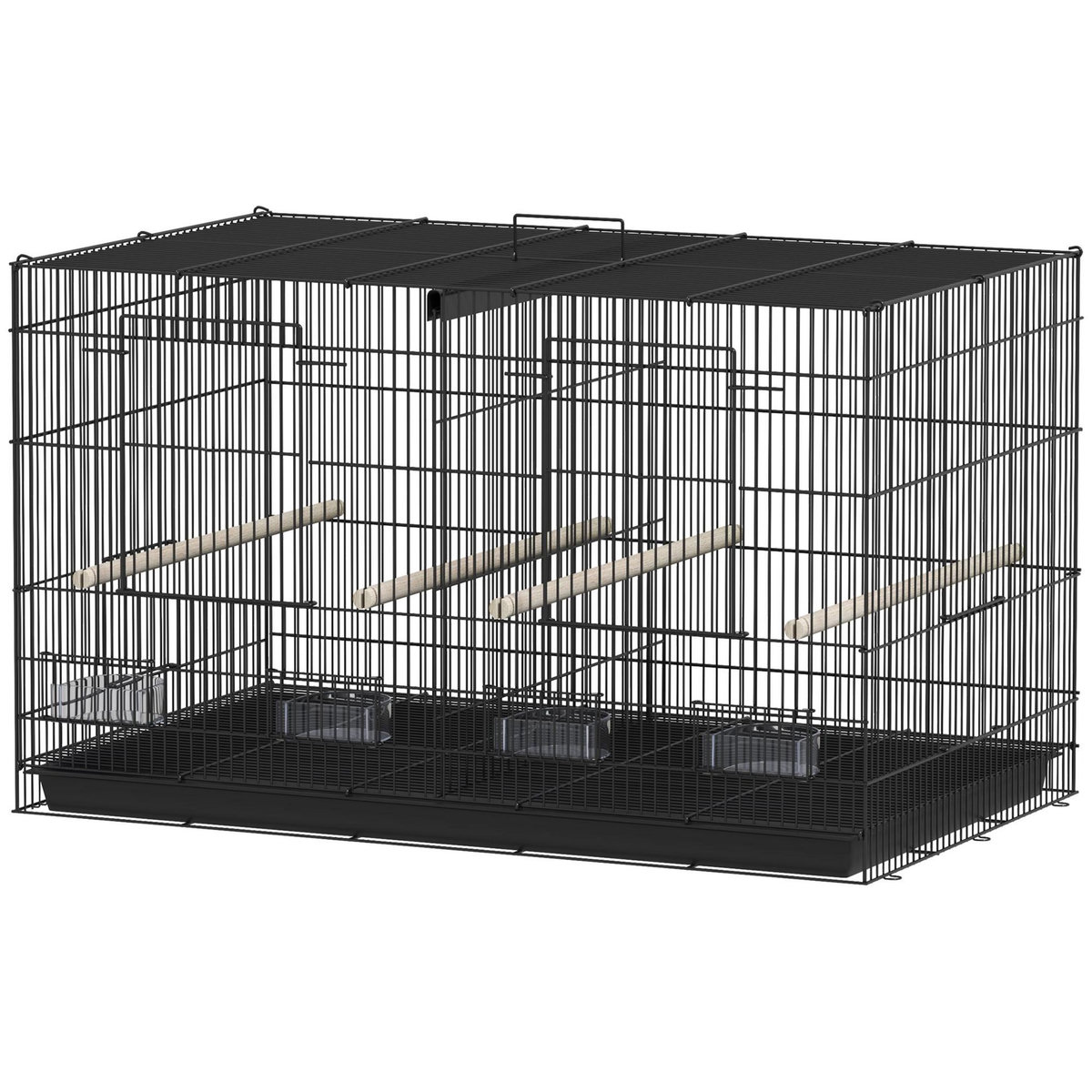 PAWHUT Cage à oiseaux volière acier avec séparateur - 4 perchoirs, mangeoires, portes, trappes, plateau déjection - noir