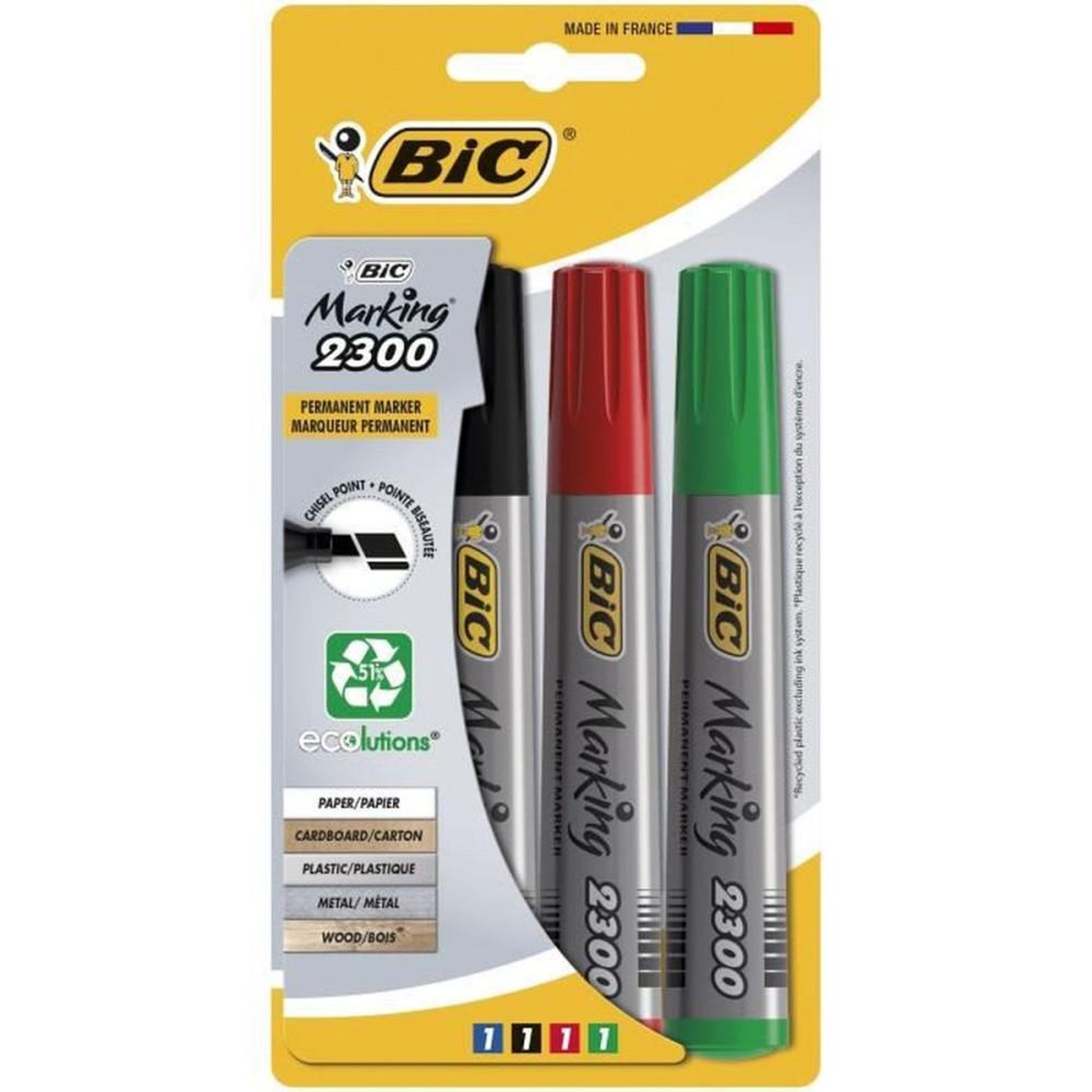 BIC Marqueur permanent Moyenne Marking 2300, pointe biseautée, set de 4, couleurs assorties noir, bleu, rouge, vert