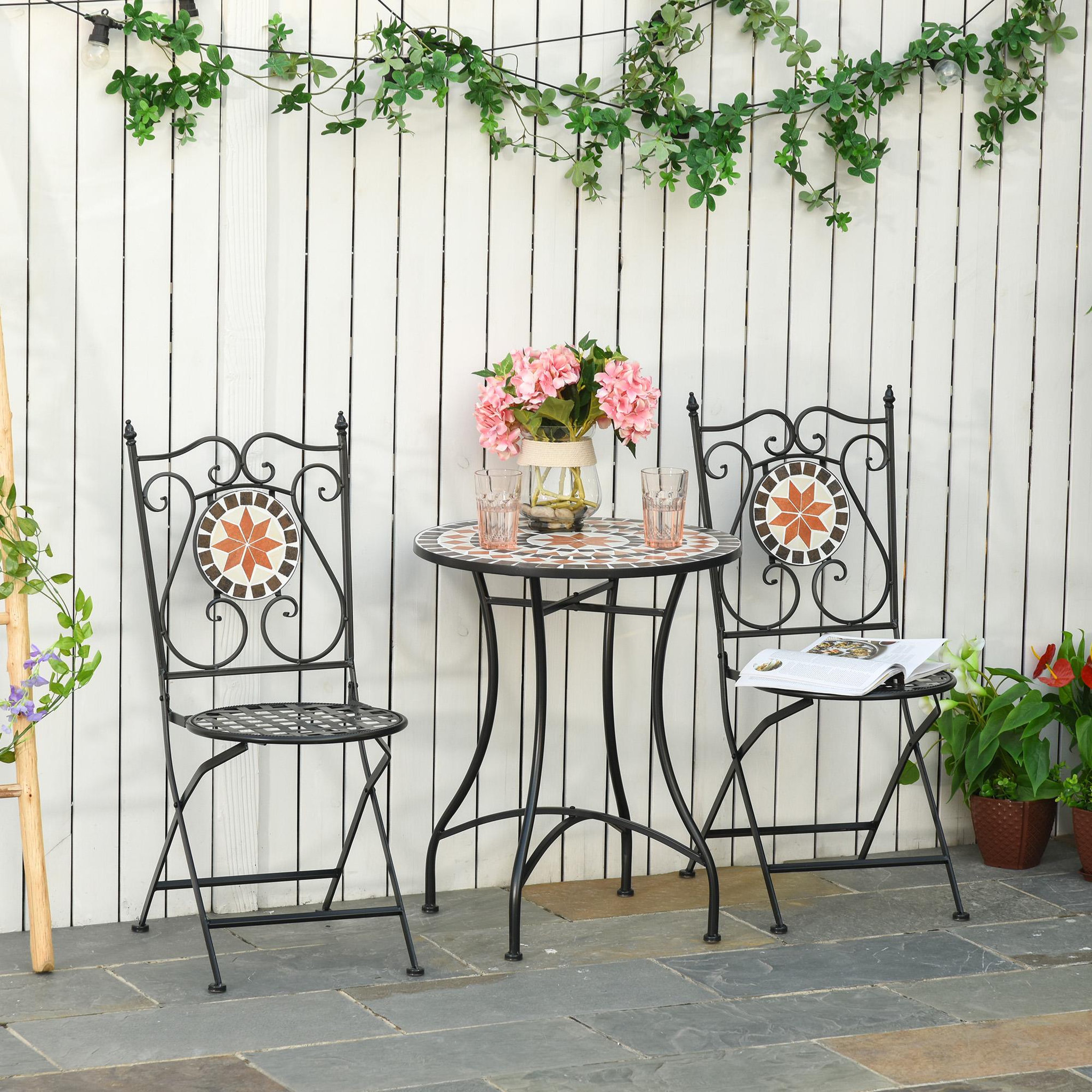 Voir la diapositive 2 : OUTSUNNY Ensemble bistro 2 places 3 pièces style fer forgé mosaïque céramique motif rose des vents chaises pliables métal époxy noir