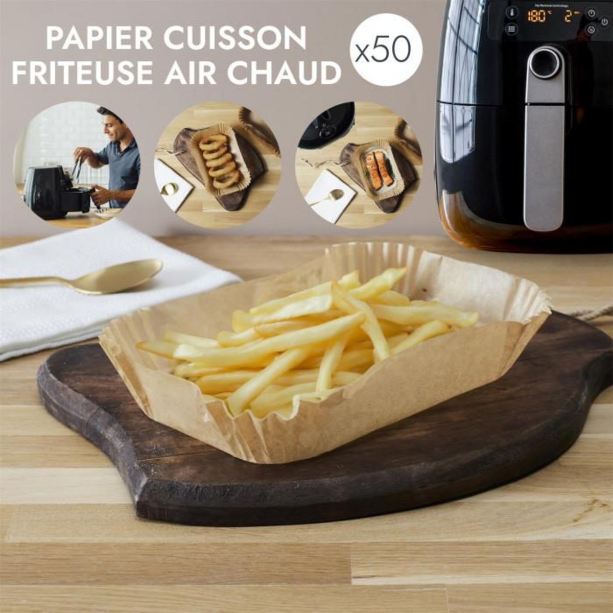 Paris Prix Lot de 50 Feuilles de Papier Cuisson  Friteuse à Air  20cm Marron