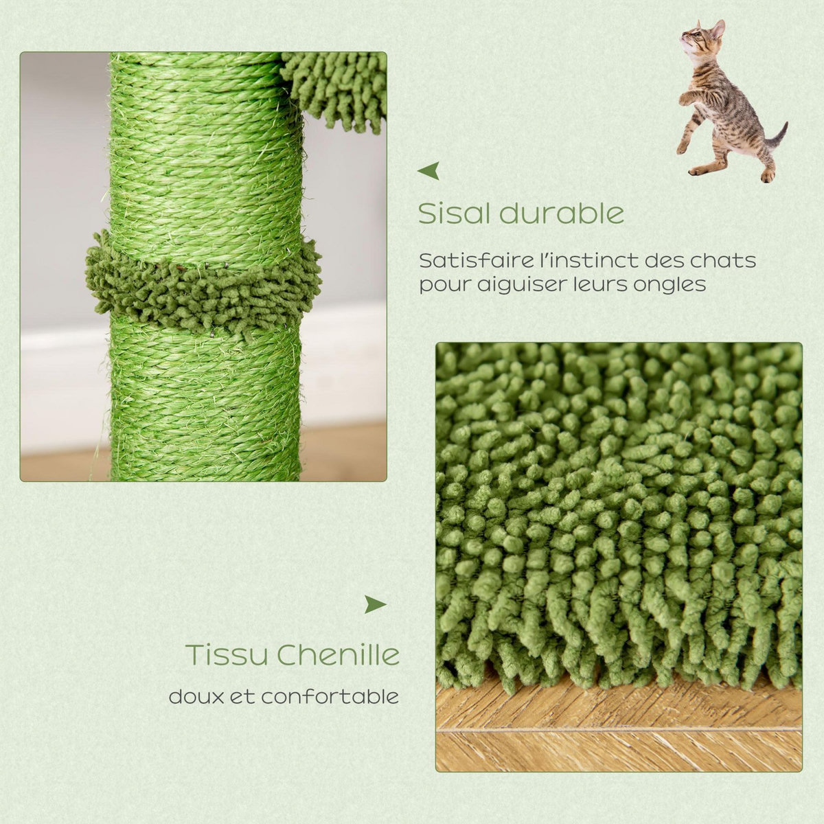 PAWHUT Arbre à chat griffoirs design cactus - hamac, 3 jouets pompons suspendus - panneaux peluche sisal vert
