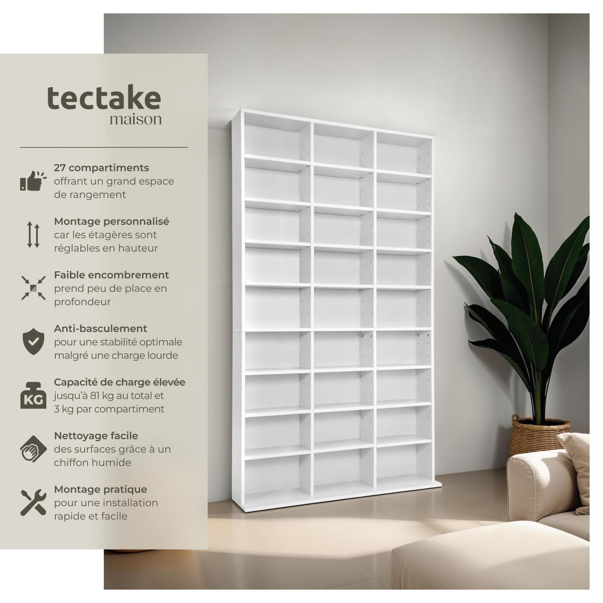 tectake Étagère DVD CD aspect bois blanc