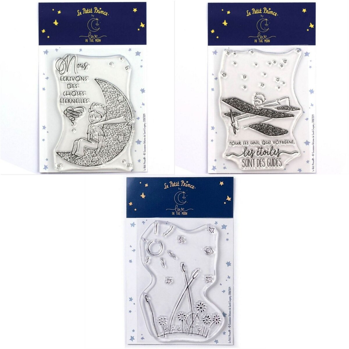  3 Tampons transparents Le Petit Prince et la Lune + son Avion + Paysage