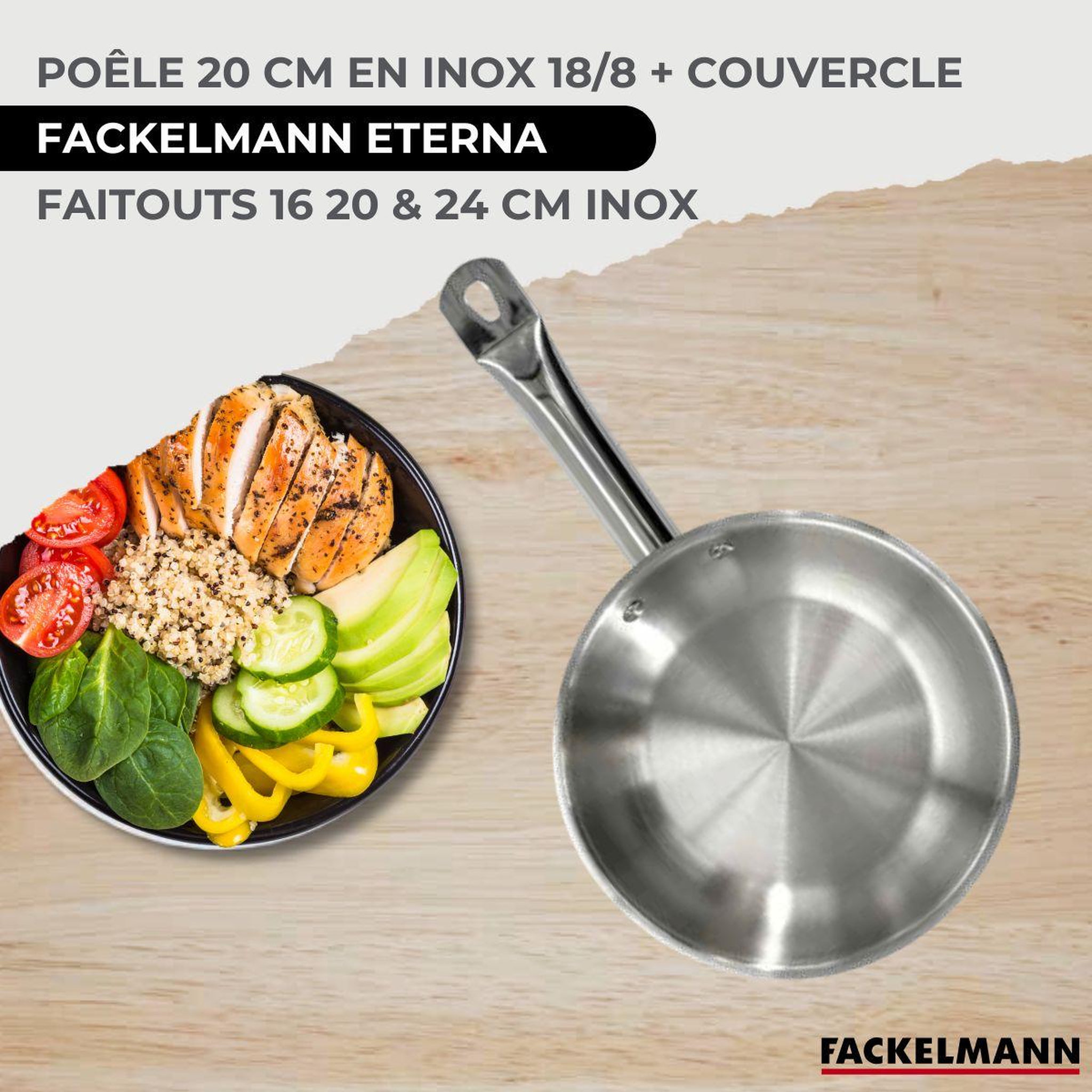 Voir la diapositive 2 : Fackelmann Batterie de cuisine avec 3 faitouts 16/20/24 cm 1 poêle 20 cm et 6 ustensiles de cuisine sans pfas fackelmann etherna brillant clip avec couvercles