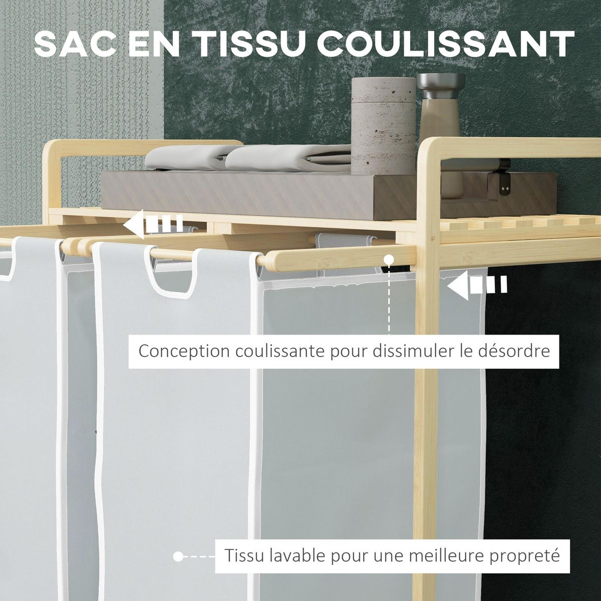 HOMCOM Panier à linge corbeille à linge bambou 2 paniers amovibles crème