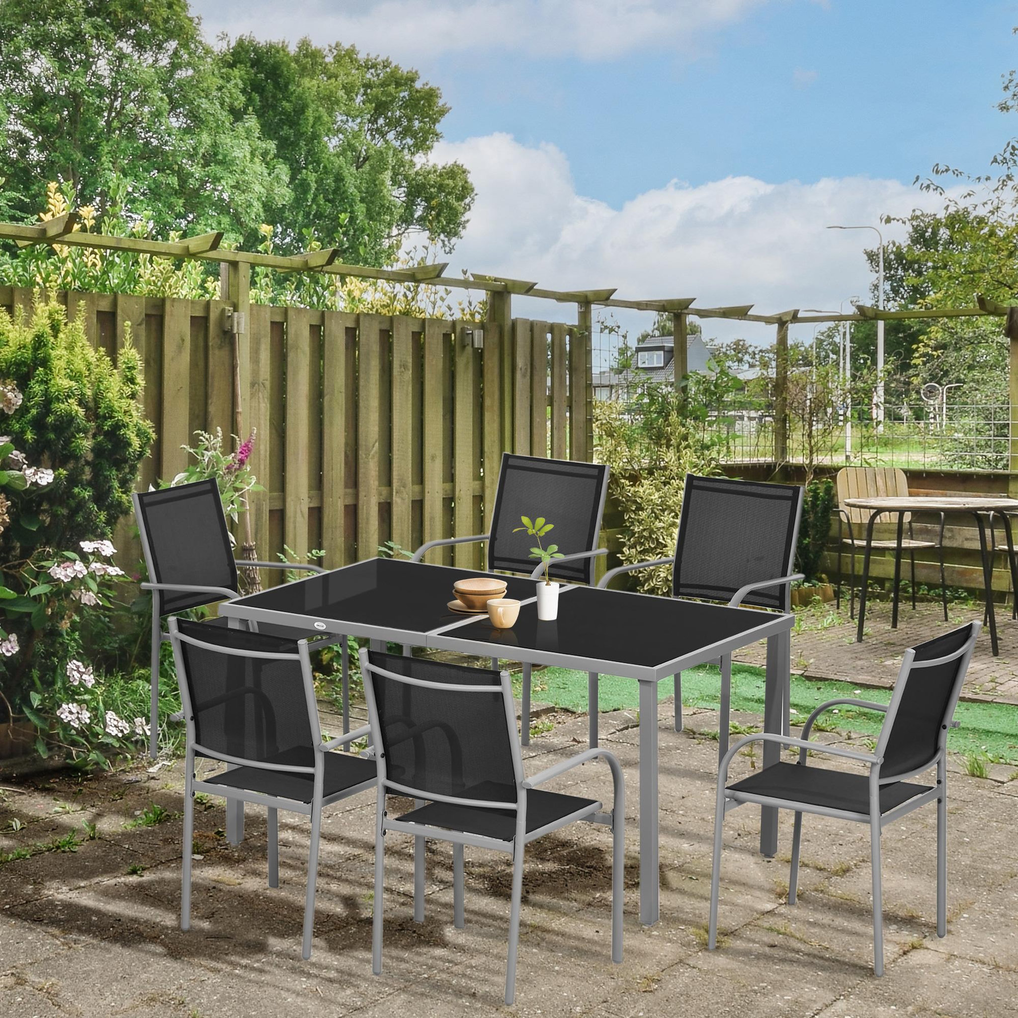 Voir la diapositive 2 : OUTSUNNY Ensemble de jardin 6 personnes chaises empilables table à manger dim. 150l x 90l x 72h cm plateau verre acier époxy textilène noir