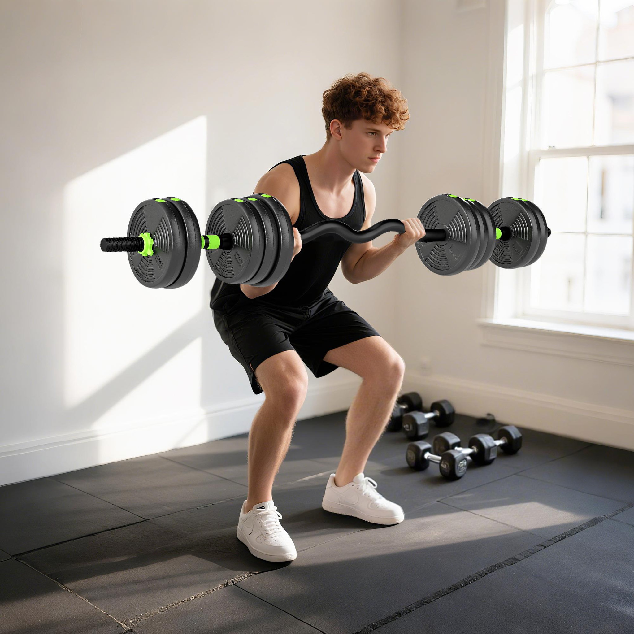 Voir la diapositive 4 : HOMCOM Ensemble d'haltères musculation multifonction 3 en 1 - haltères, olympic barre, curl ez barre - total 20kg - pvc vert noir