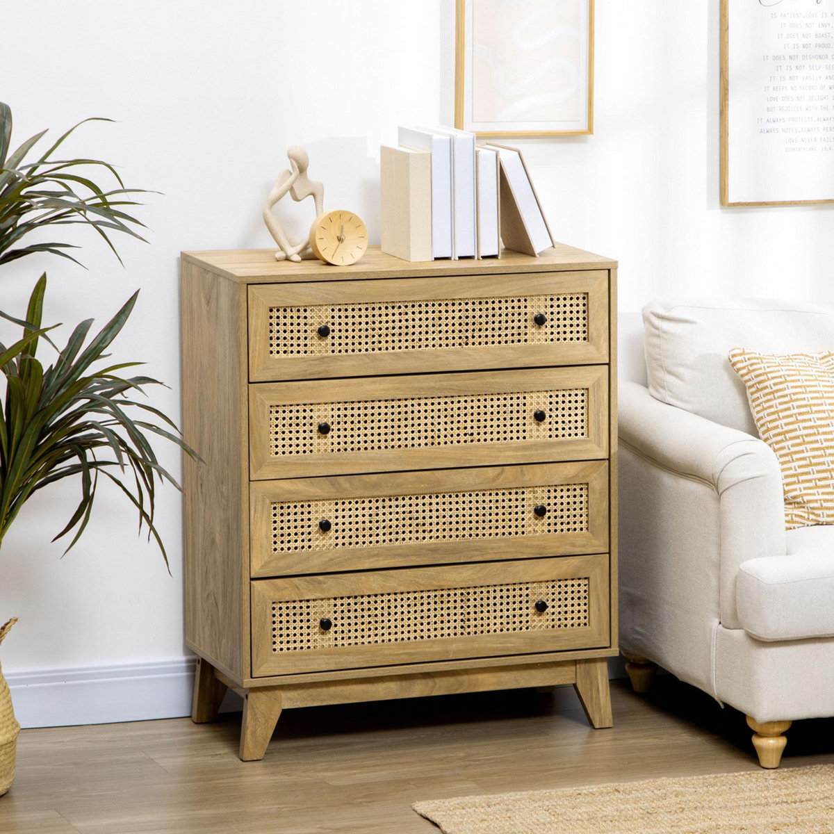 HOMCOM Commode 4 tiroirs style bohème chic cannage en rotin aspect bois de manguier