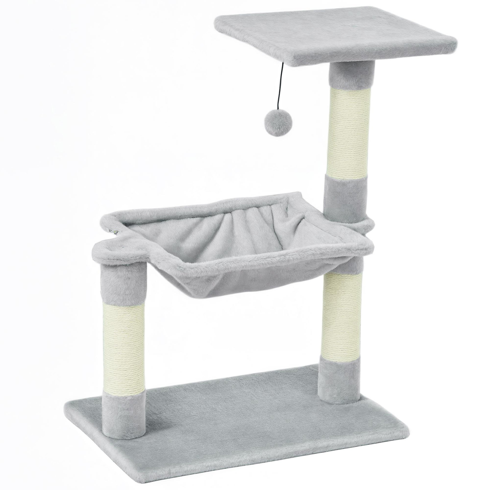 PAWHUT Arbre à chat 3 griffoirs grattoirs sisal naturel plateforme hamac et boule suspendue dim. 50l x 36l x 70h cm peluche haute densité 220 g/m² gris clair