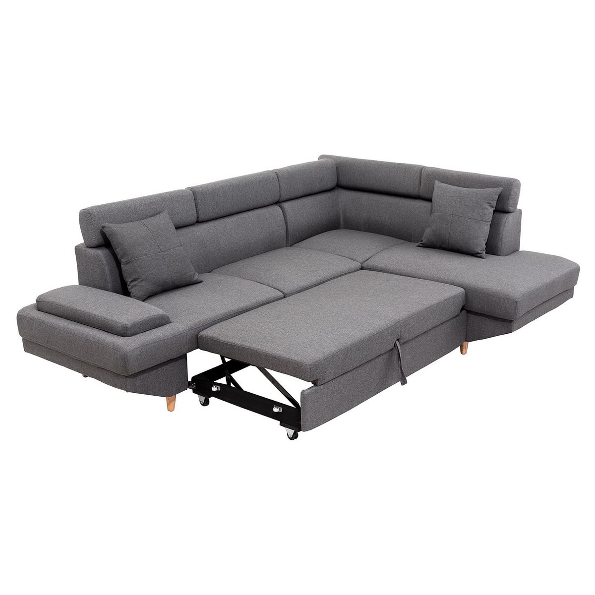 Canapé d'angle droit convertible 5 places tissu pieds bois clair MARIUS 