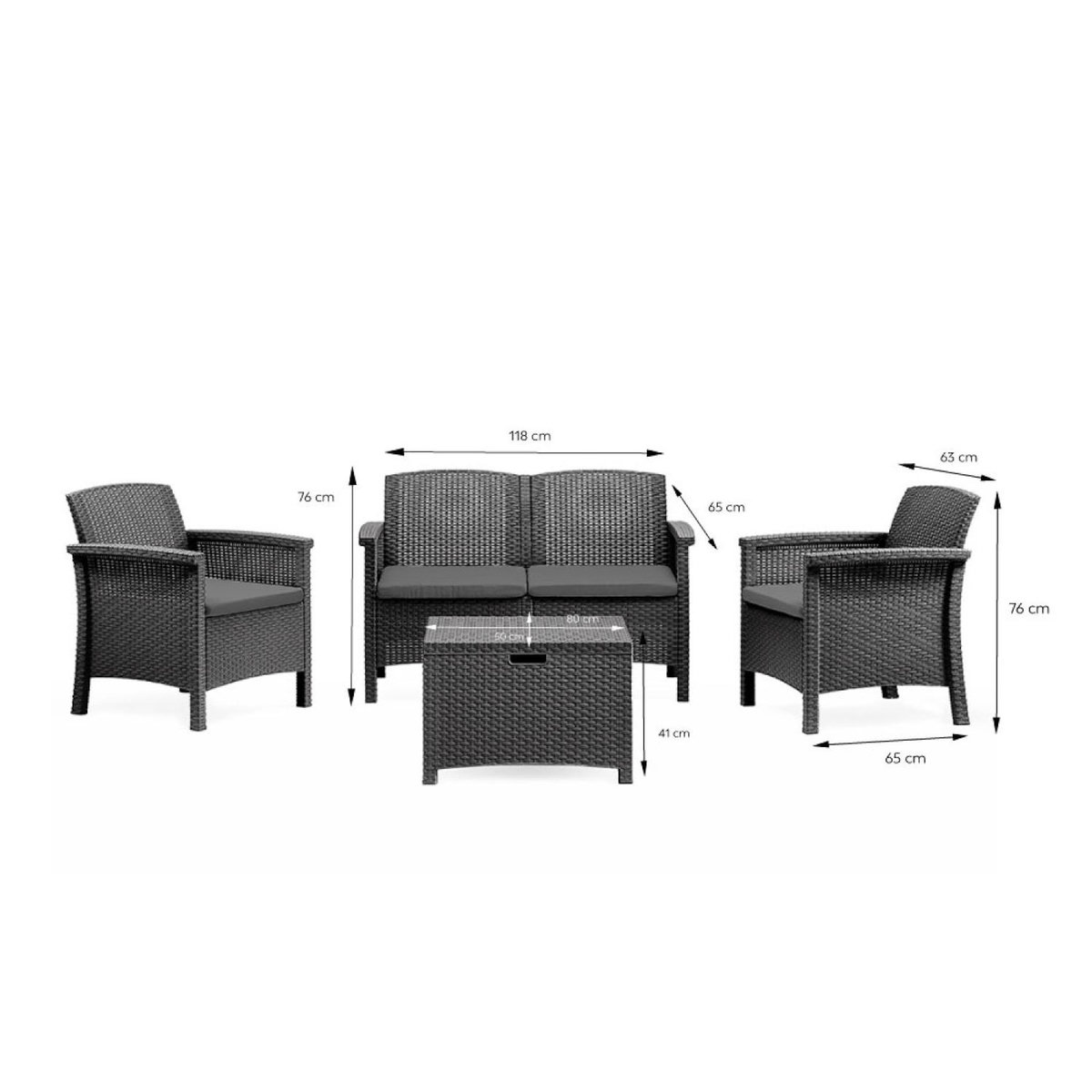 CONCEPT USINE Salon de jardin 4 places effet résine tressée gris anthracite avec table basse MANIZA