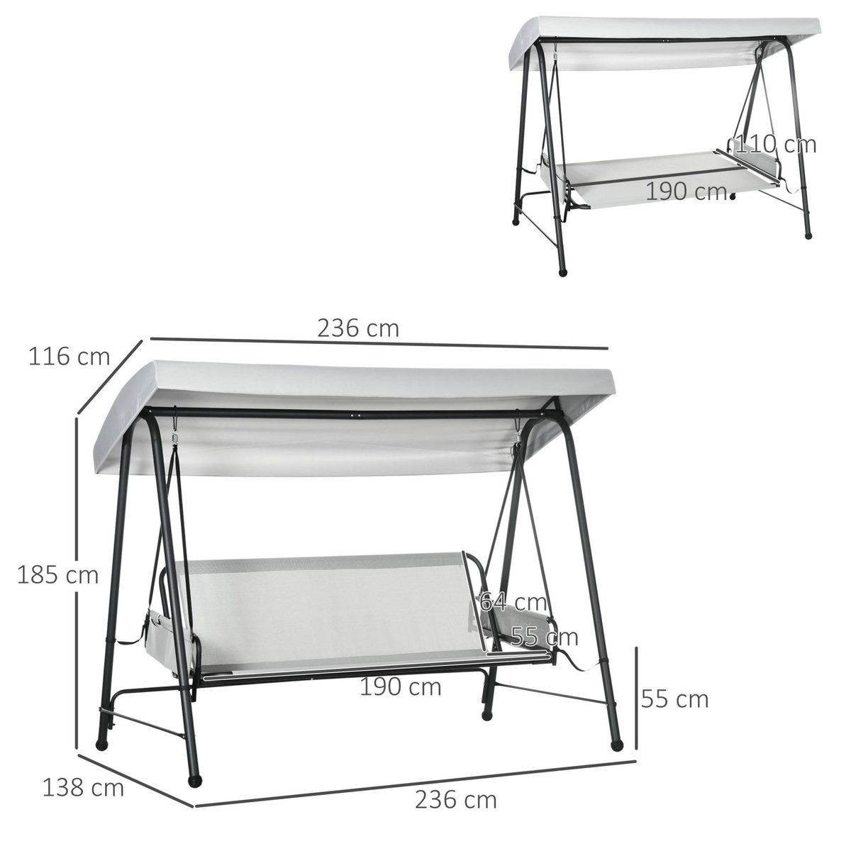 OUTSUNNY Balancelle de jardin 3 places convertible auvent réglable épais coussins amovibles polyester acier époxy gris clair