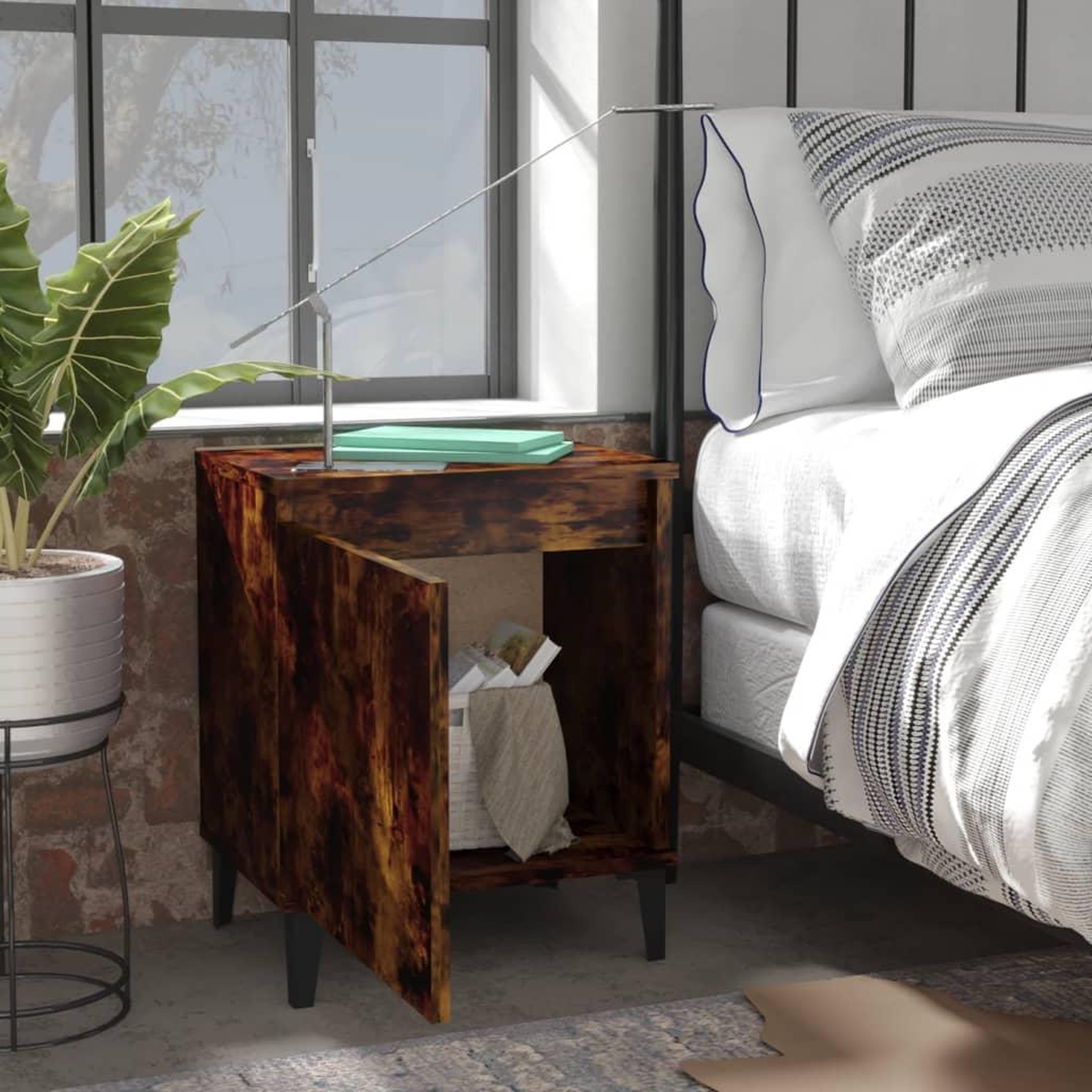 Voir la diapositive 3 : VIDAXL Table de chevet avec pieds en metal Chene fume 40x30x50 cm