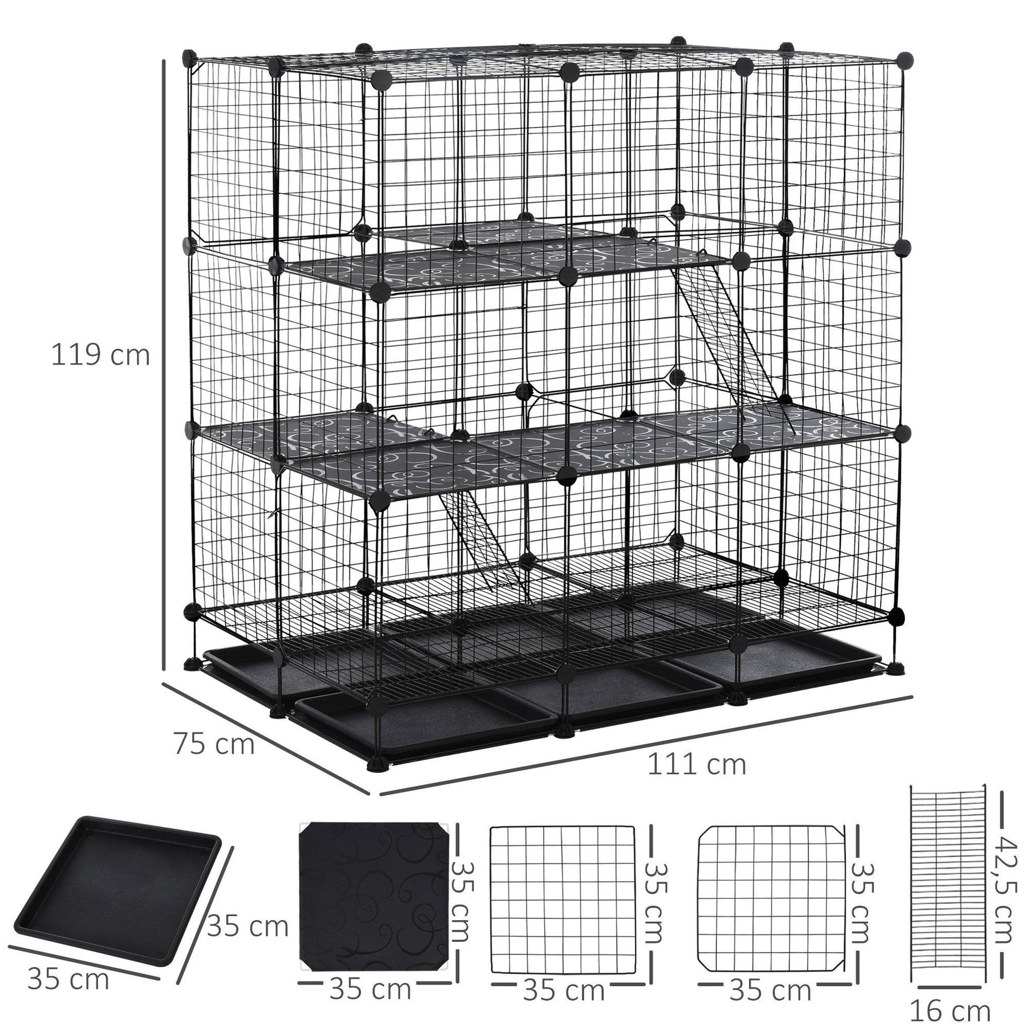 Voir la diapositive 3 : PAWHUT Cage parc enclos rongeurs modulable dim. L 111 x l 75 x H 119 cm 3 niveaux 4 portes fil métallique noir