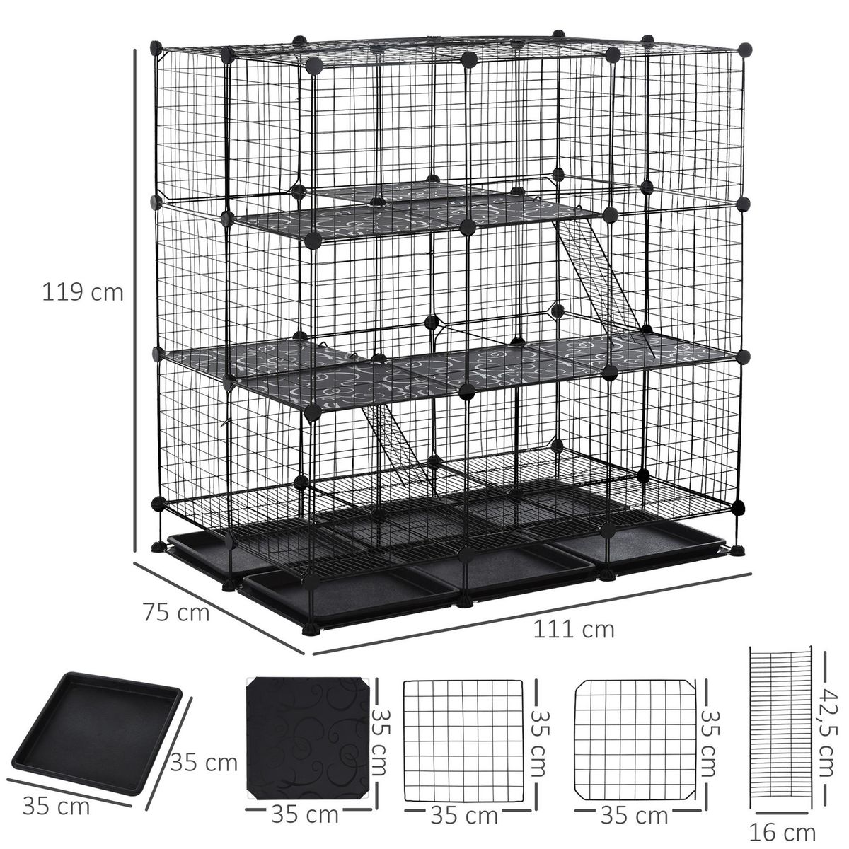 PAWHUT Cage parc enclos rongeurs modulable dim. L 111 x l 75 x H 119 cm 3 niveaux 4 portes fil métallique noir