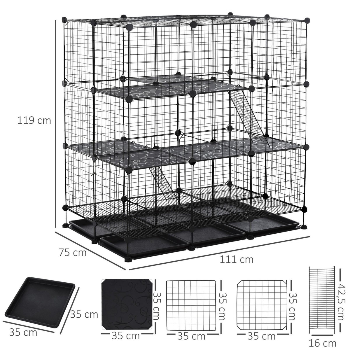 PAWHUT Cage parc enclos rongeurs modulable dim. L 111 x l 75 x H 119 cm 3 niveaux 4 portes fil métallique noir