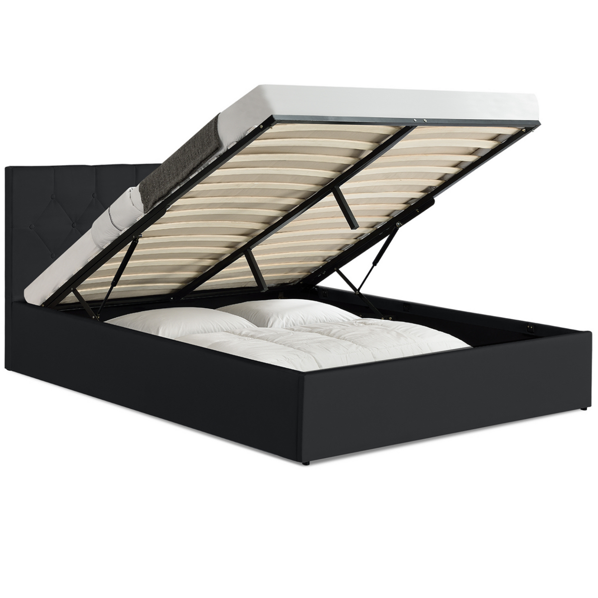 ID MARKET Lit coffre double AUSTIN avec tête de lit et sommier 160 x 200 cm PVC noir