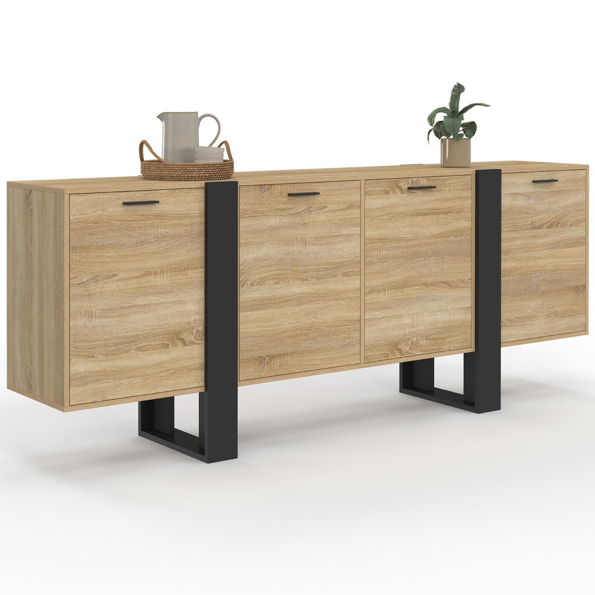 ID MARKET Buffet enfilade 200 cm phoenix xxl 4 portes bois et noir
