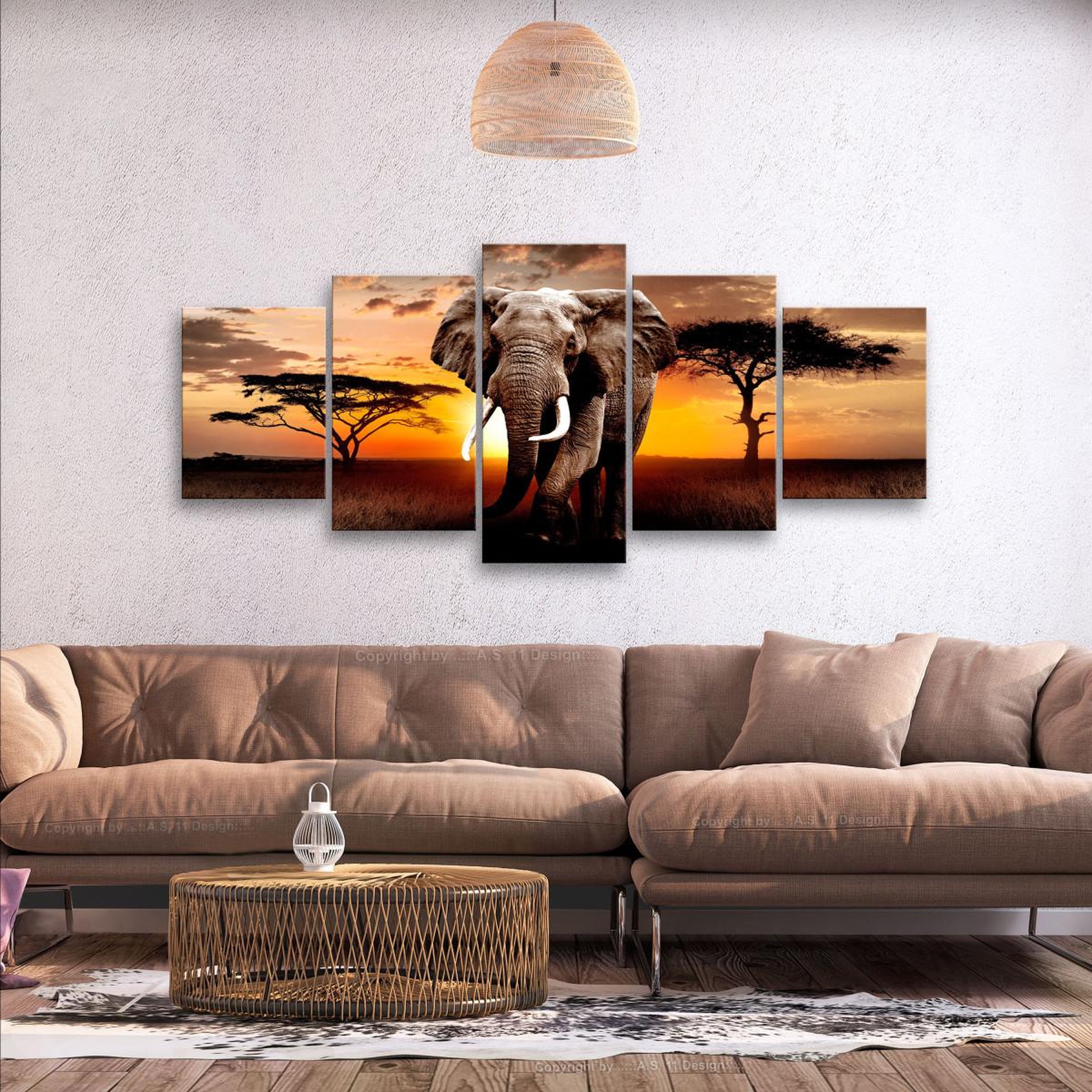 Voir la diapositive 2 : Paris Prix Tableau imprimé  wandering elephant 5 panneaux wide  100x225cm