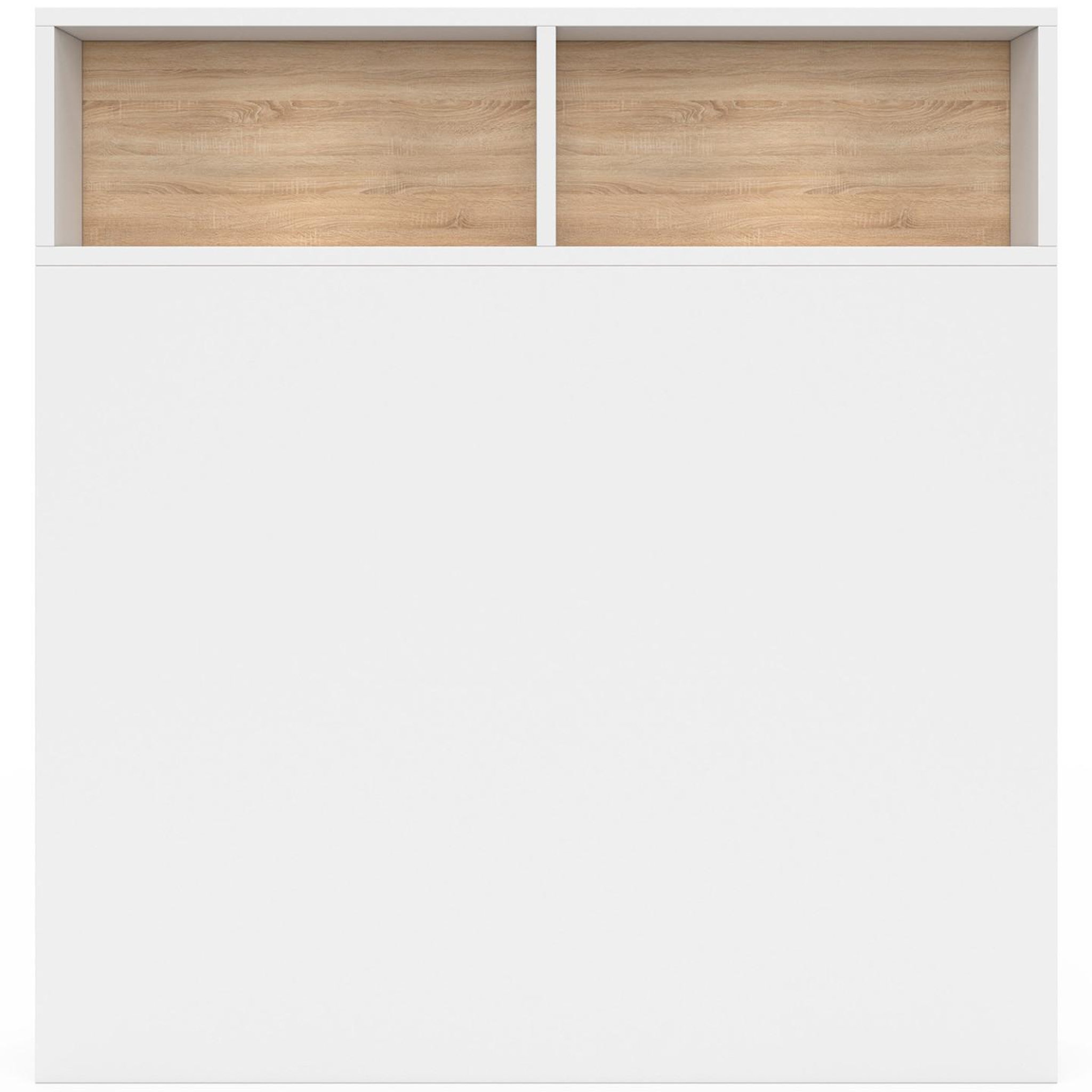 Voir la diapositive 3 : ID MARKET Tête de lit sur pied CLEO 95 cm avec rangements fermés et niches blanc et façon hêtre