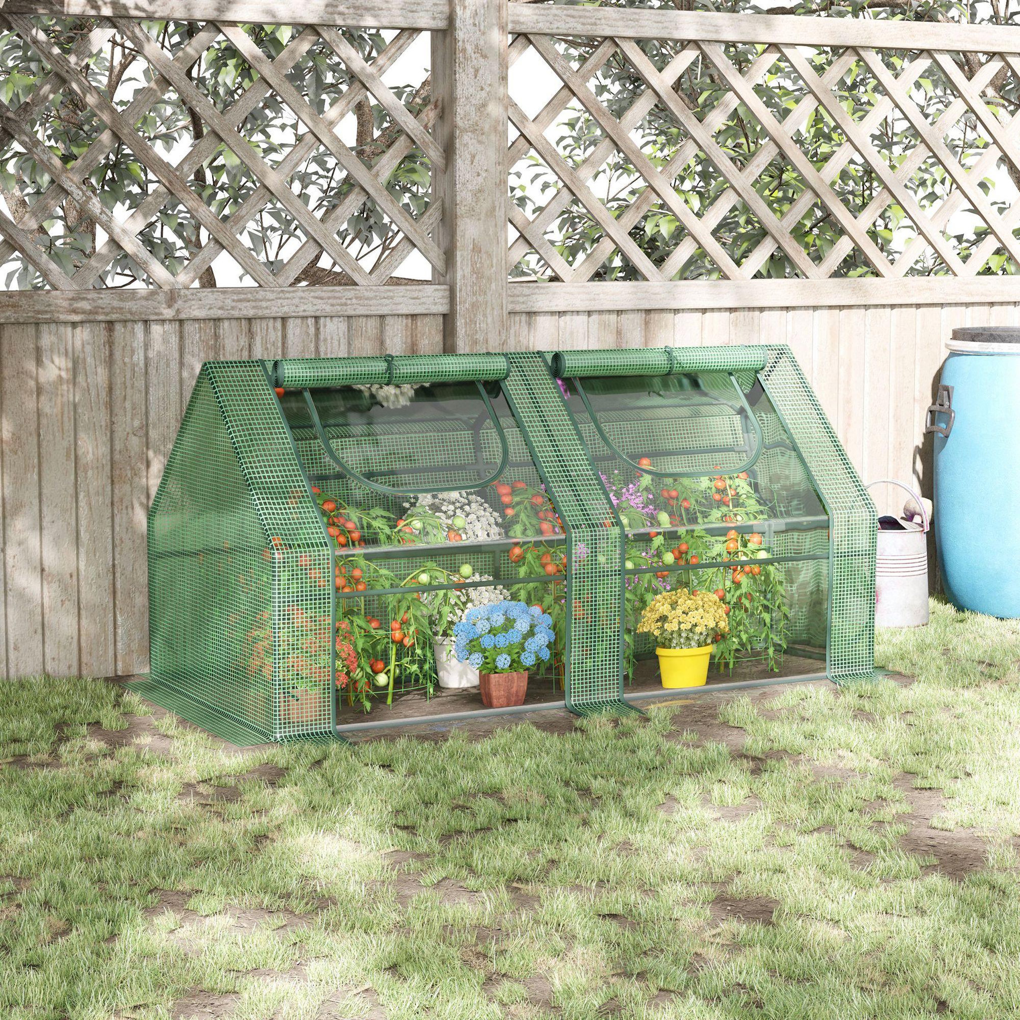 Voir la diapositive 2 : OUTSUNNY Mini serre de jardin serre à tomates double bâche 180L x 90l x 90H cm acier PE PVC 2 fenêtres avec zip enroulables vert