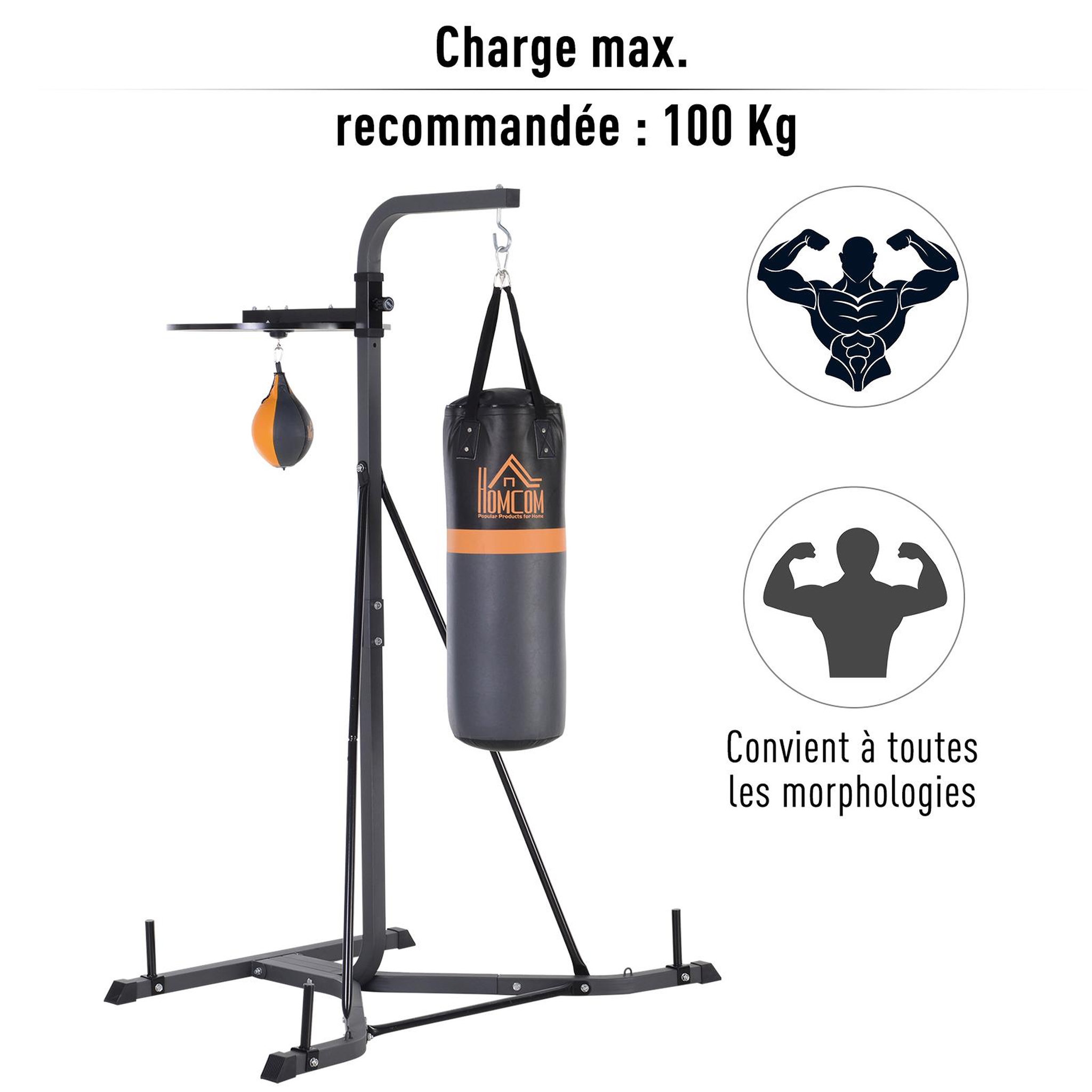 Voir la diapositive 5 : HOMCOM Portique sac de frappe plateforme station de boxe complète avec sac de frappe + poire de vitesse hauteur réglable 5 niveaux pompe à air fournie acier noir gris