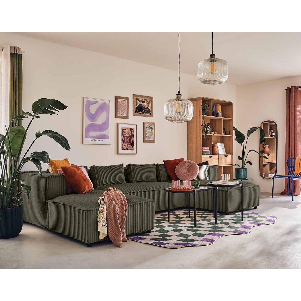 LISA DESIGN Stella - canapé panoramique en u - 7 places - en velours côtelé grosses côtes