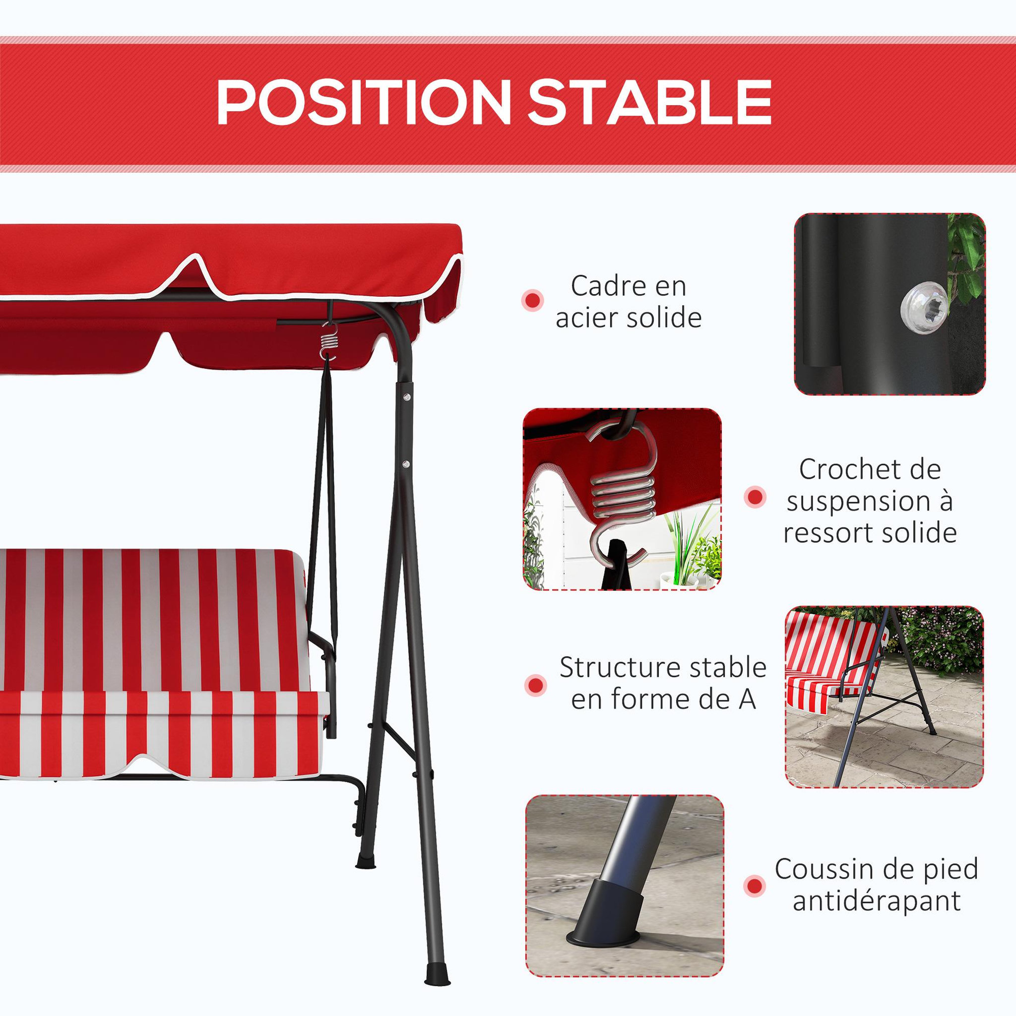 Voir la diapositive 6 : OUTSUNNY Balancelle de jardin 3 places toit inclinaison réglable coussins assise et dossier 1,72L x 1,1l x 1,52H m acier noir polyester rouge et blanc