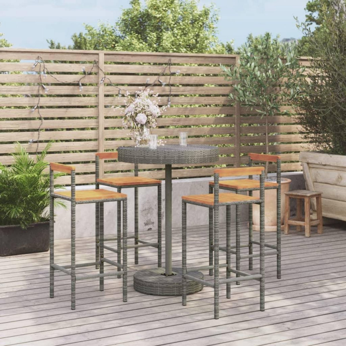 VIDAXL Ensemble de bar jardin 5 pcs gris poly rotin/bois massif acacia