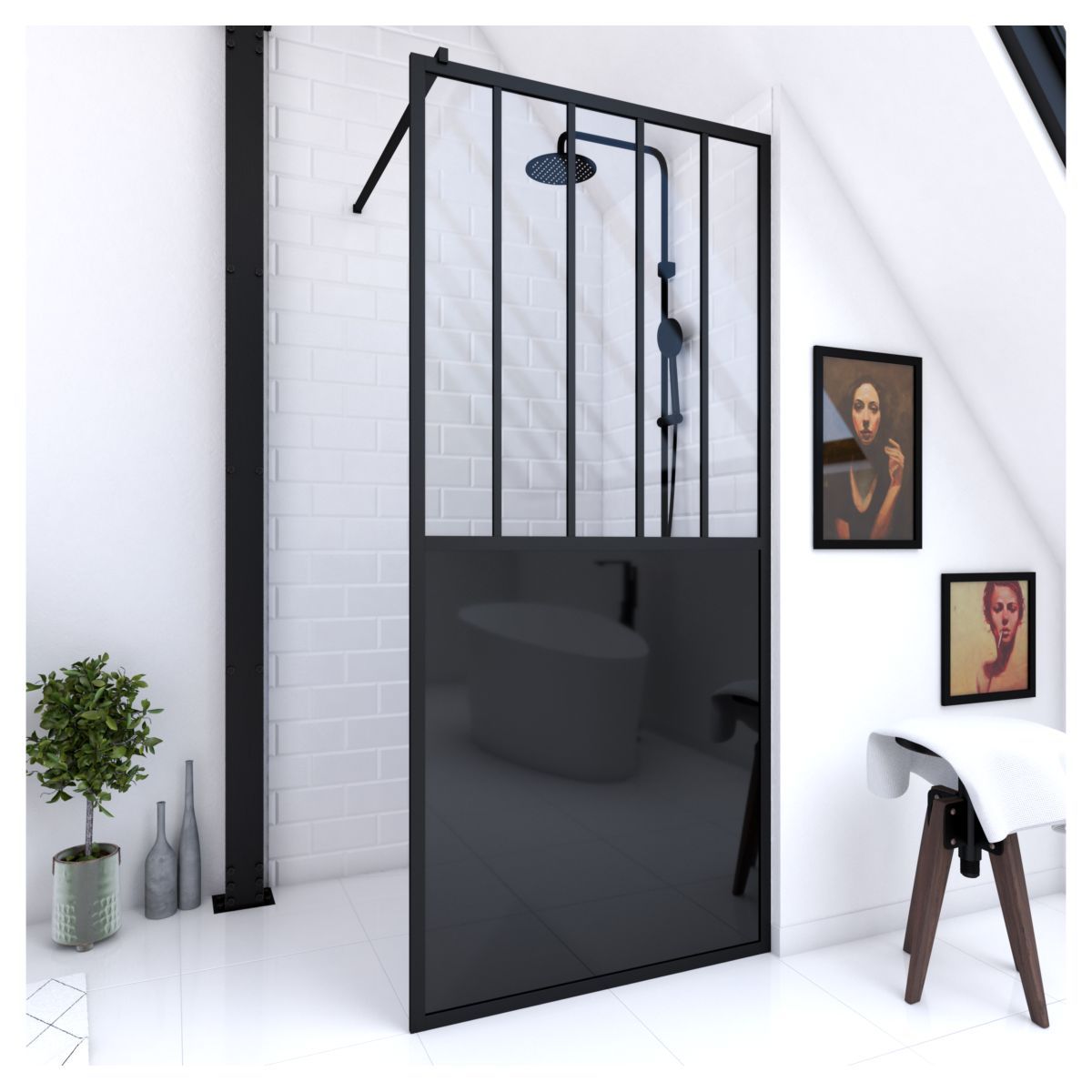 Aurlane Paroi de douche à l'italienne style verrière 90x200 cm - BLACK INDUS 90