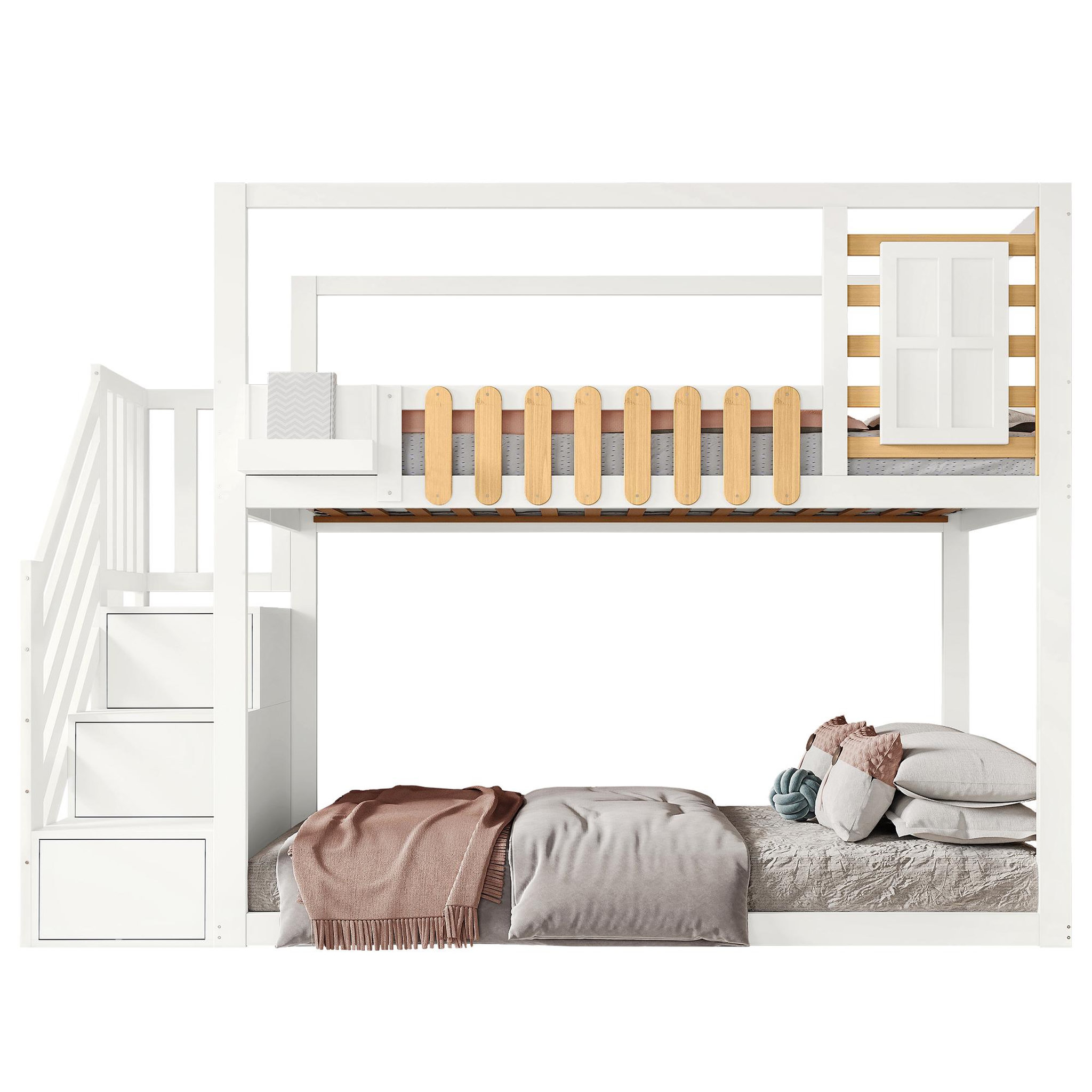 MERAX Lit superposé 90x200cm coloris blanc+naturel pin et mdf