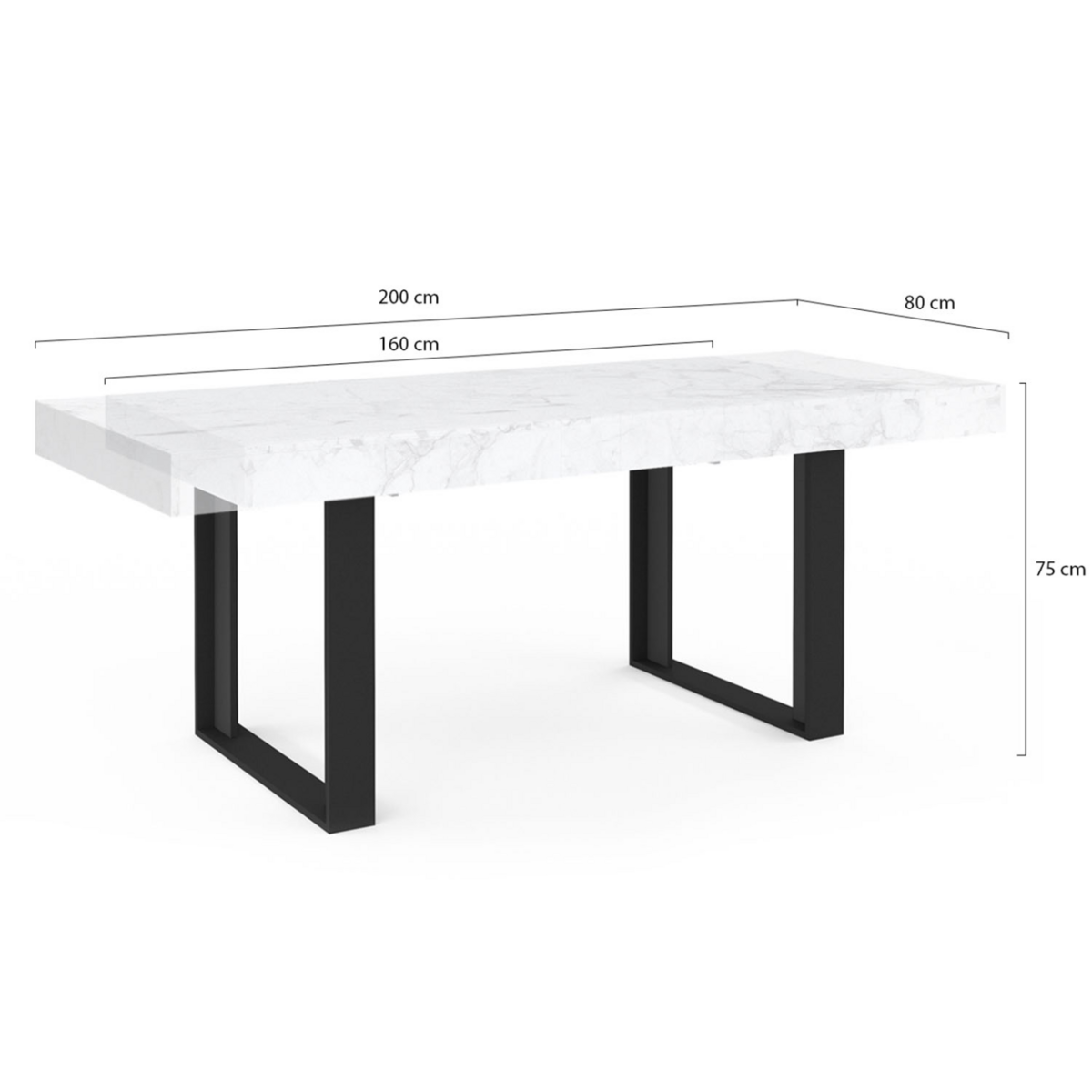 ID MARKET Table à manger extensible rectangle PHOENIX 4-8 personnes plateau effet marbre blanc ALASKA 160-200 cm