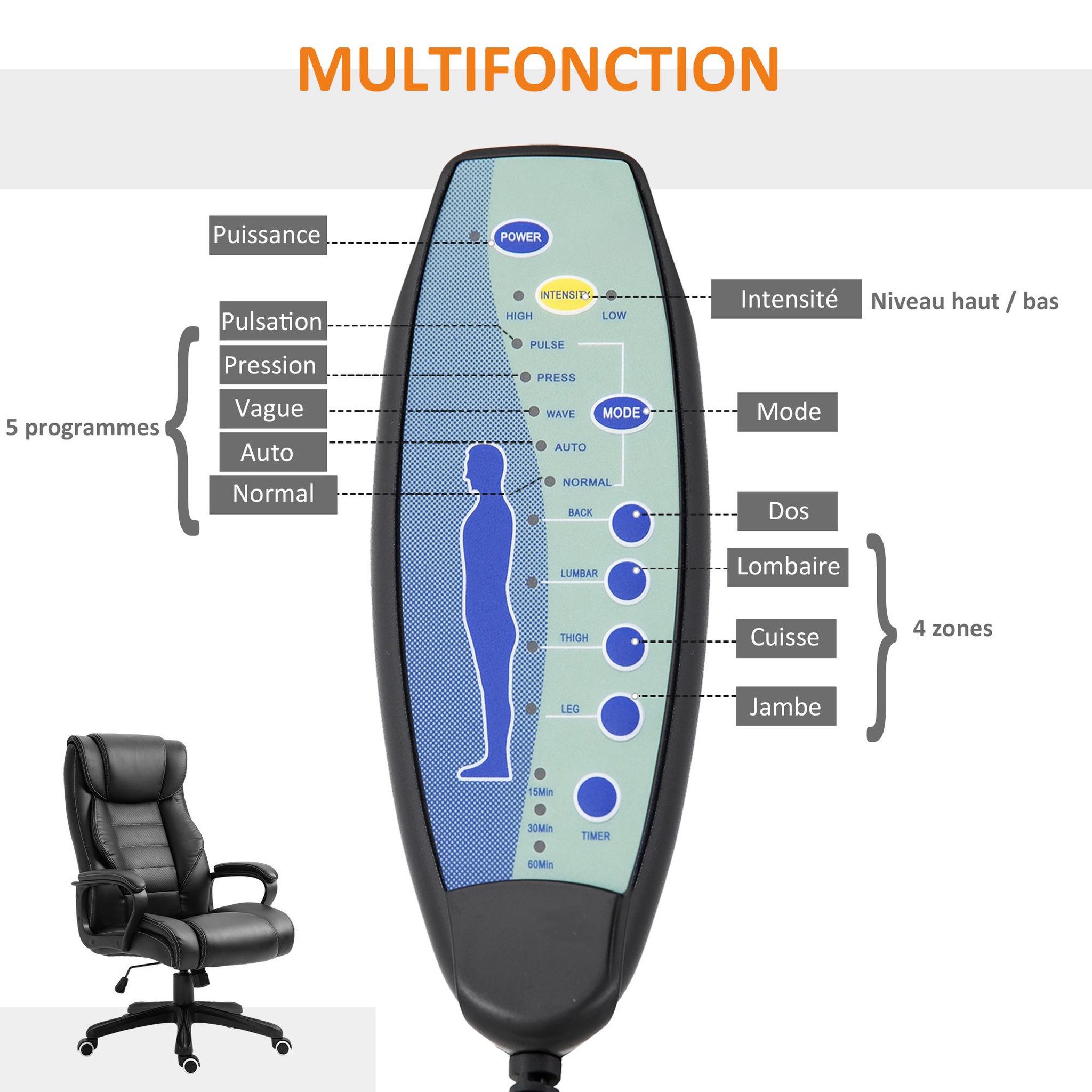 Voir la diapositive 5 : VINSETTO Fauteuil de bureau direction massant grand confort hauteur réglable fonction dossier à bascule revêtement synthétique noir