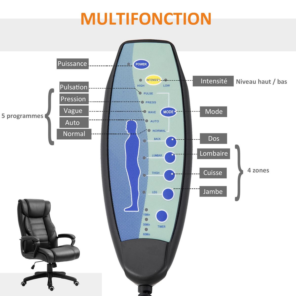 VINSETTO Fauteuil de bureau direction massant grand confort hauteur réglable fonction dossier à bascule revêtement synthétique noir