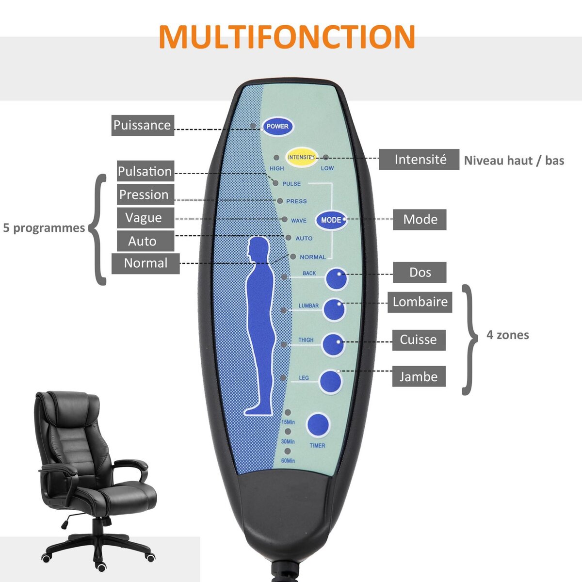 VINSETTO Fauteuil de bureau direction massant grand confort hauteur réglable fonction dossier à bascule revêtement synthétique noir