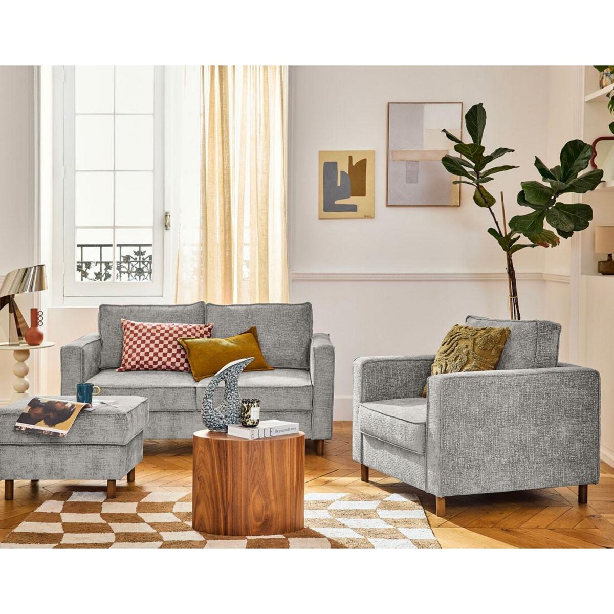 LISA DESIGN Jake - pouf en tissu velours relief - pieds en bois foncé