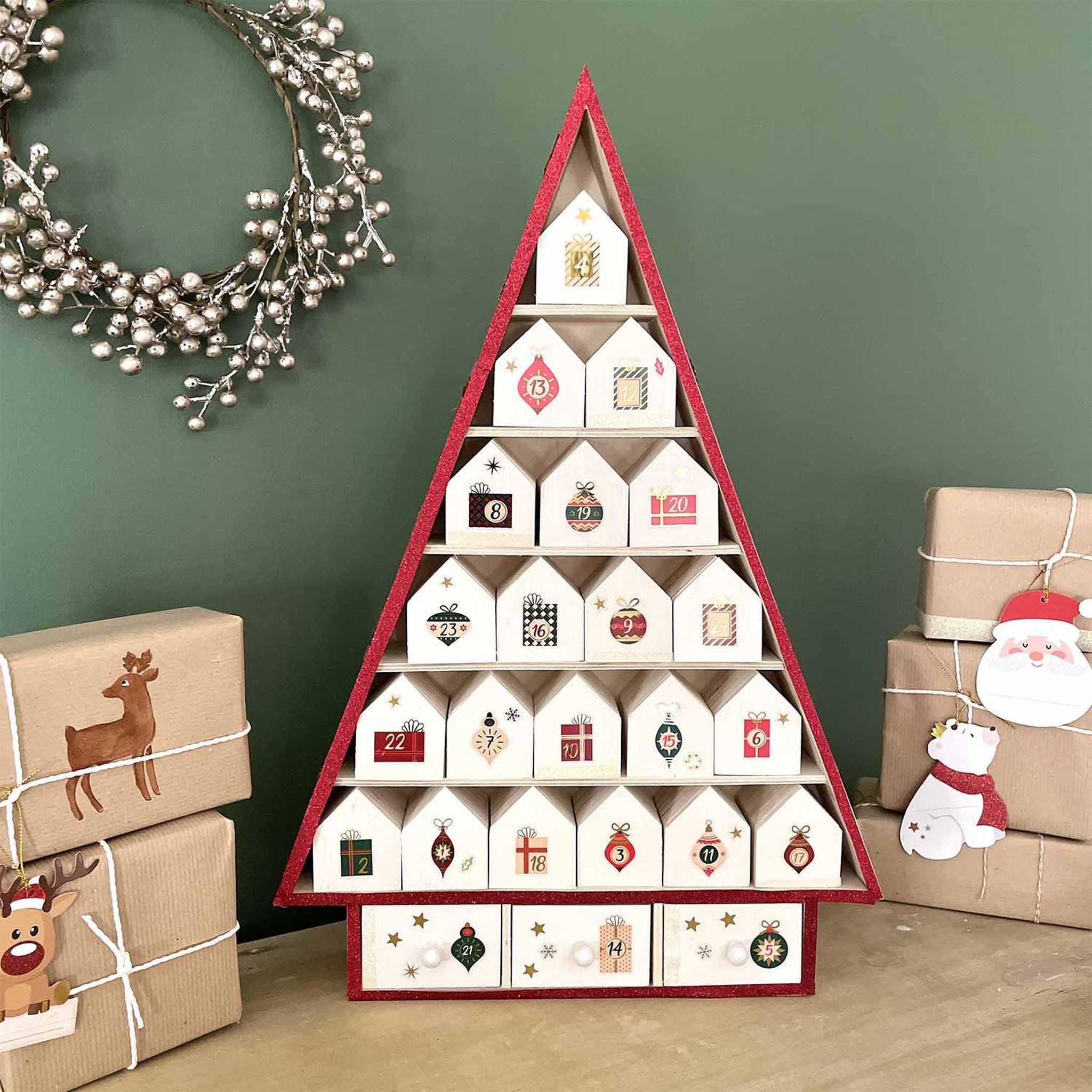 Voir la diapositive 2 : Artemio Calendrier de l'avent sapin de noël en bois 52 x 35 cm