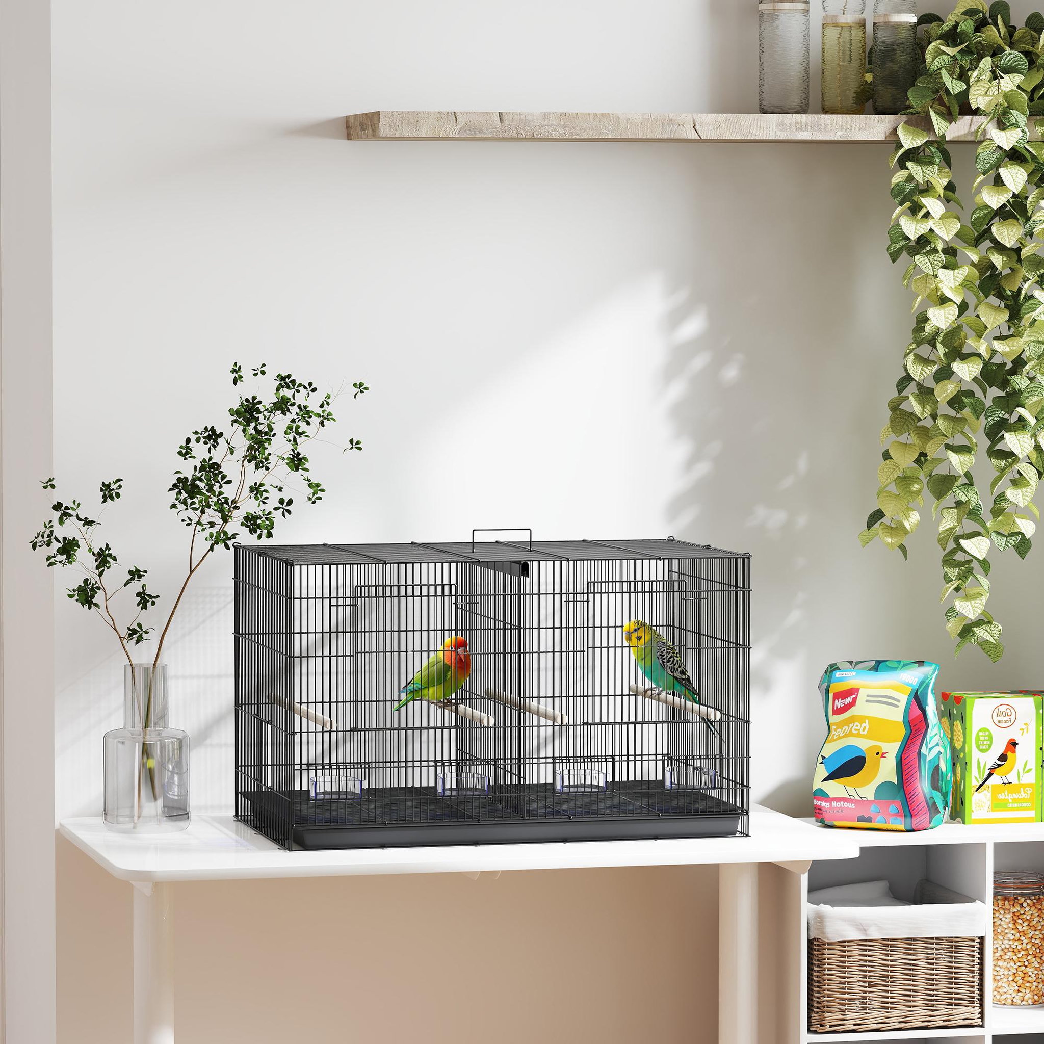 Voir la diapositive 2 : PAWHUT Cage à oiseaux volière acier avec séparateur - 4 perchoirs, mangeoires, portes, trappes, plateau déjection - noir