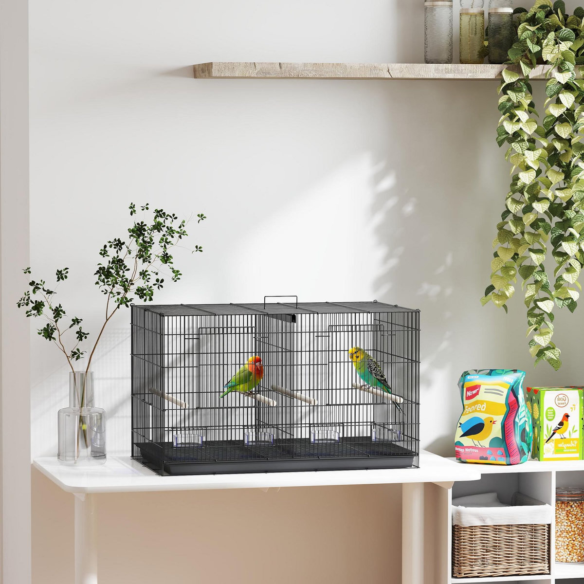 PAWHUT Cage à oiseaux volière acier avec séparateur - 4 perchoirs, mangeoires, portes, trappes, plateau déjection - noir