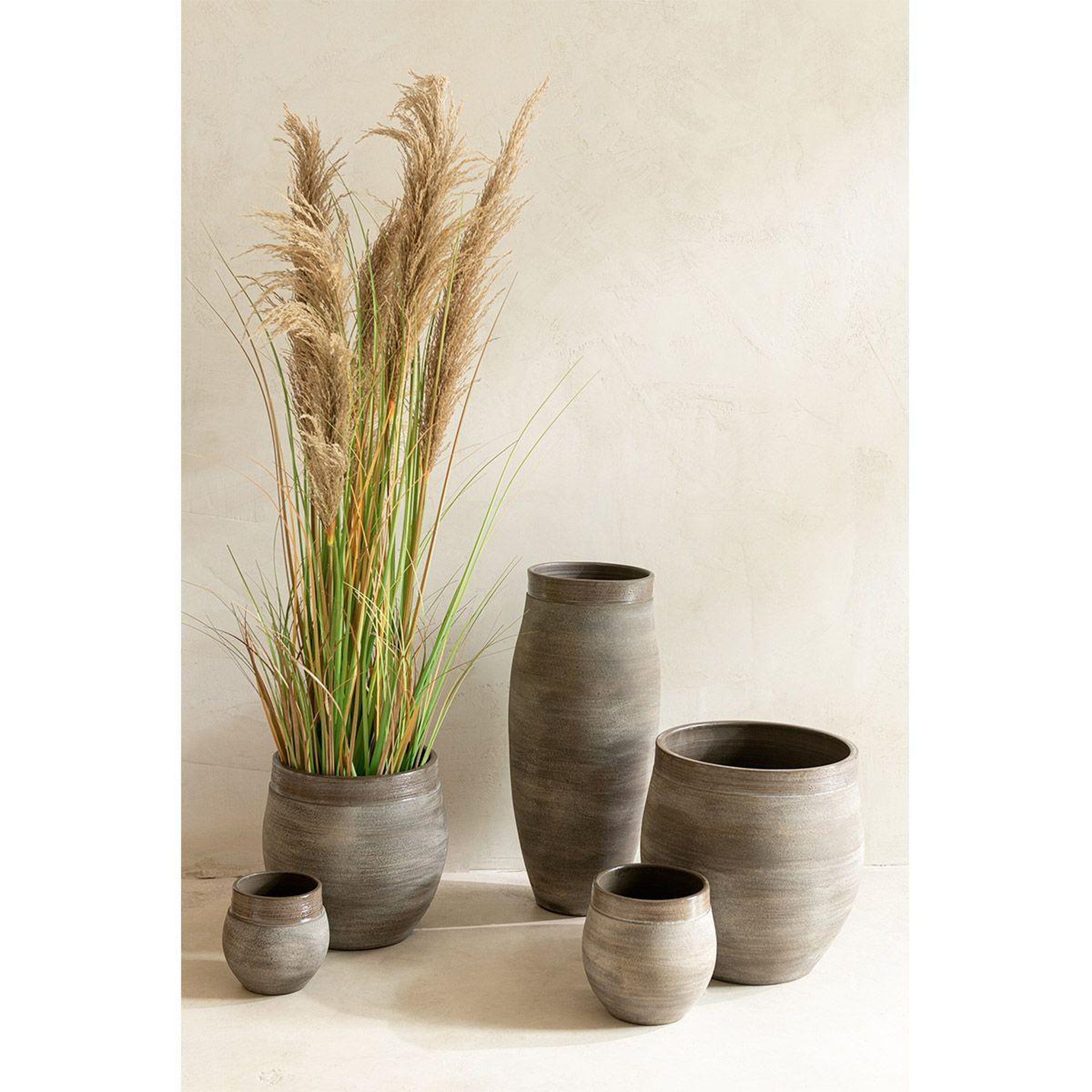 Voir la diapositive 3 : J-LINE Herbe de pampas artificielle en pot  5 têtes  140cm vert & beige