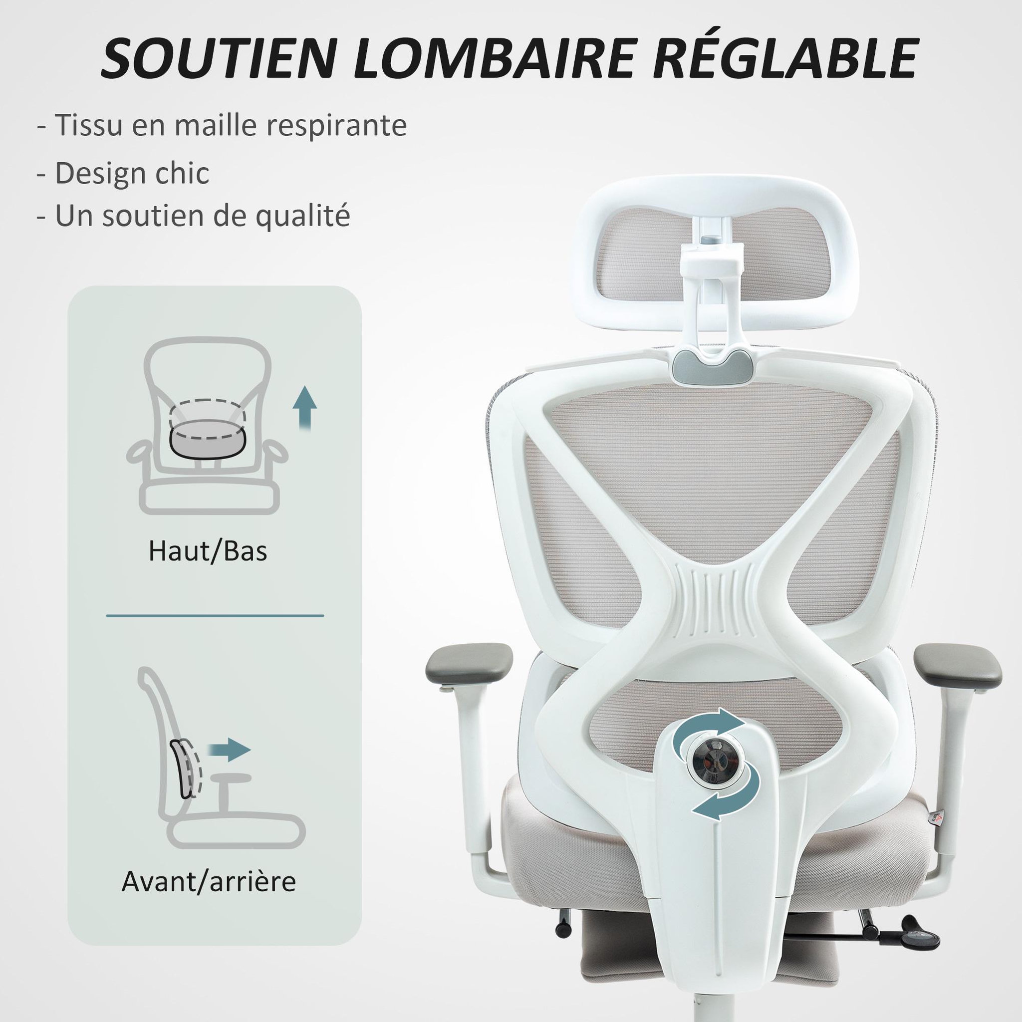 Voir la diapositive 5 : HOMCOM Chaise de bureau ergonomique inclinable support lombaires repose-pied blanc gris