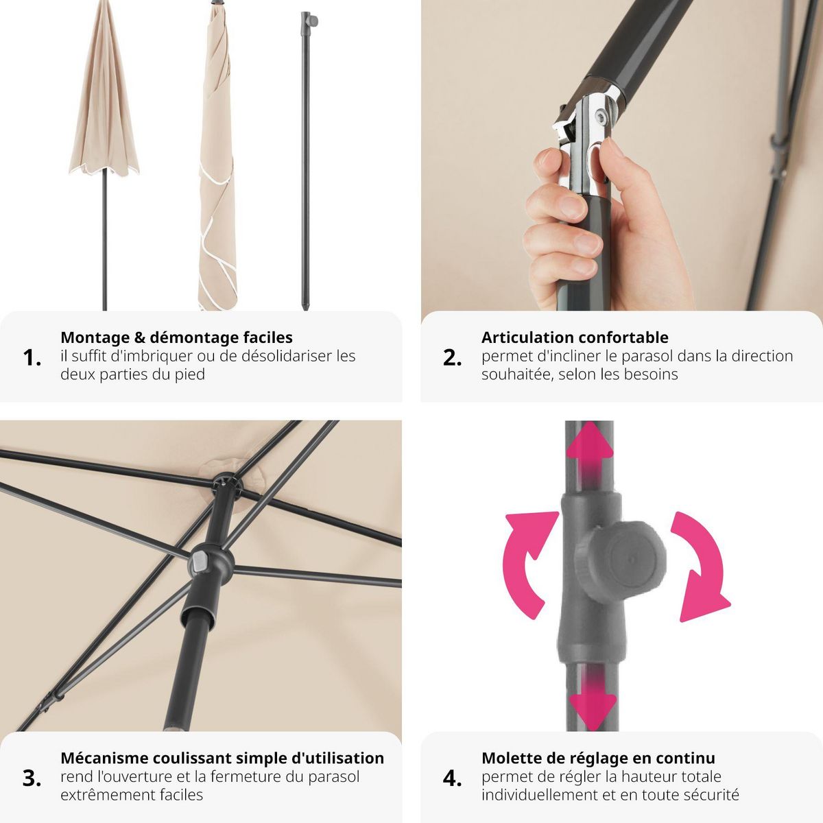 tectake Parasol VANESSA 200 x 125 cm réglable en hauteur et inclinable