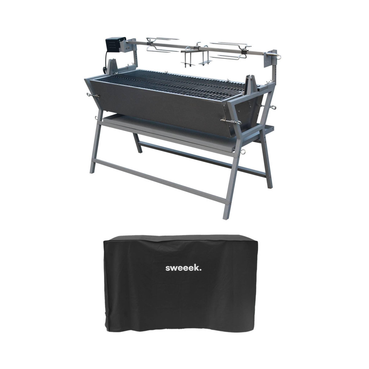 SWEEEK Rôtissoire charbon de bois motorisée inclinable en inox avec tournebroche avec housse