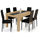 ID MARKET Ensemble table à manger GEORGIA 140 cm imitation hêtre et noire et 6 chaises ROMANE noires