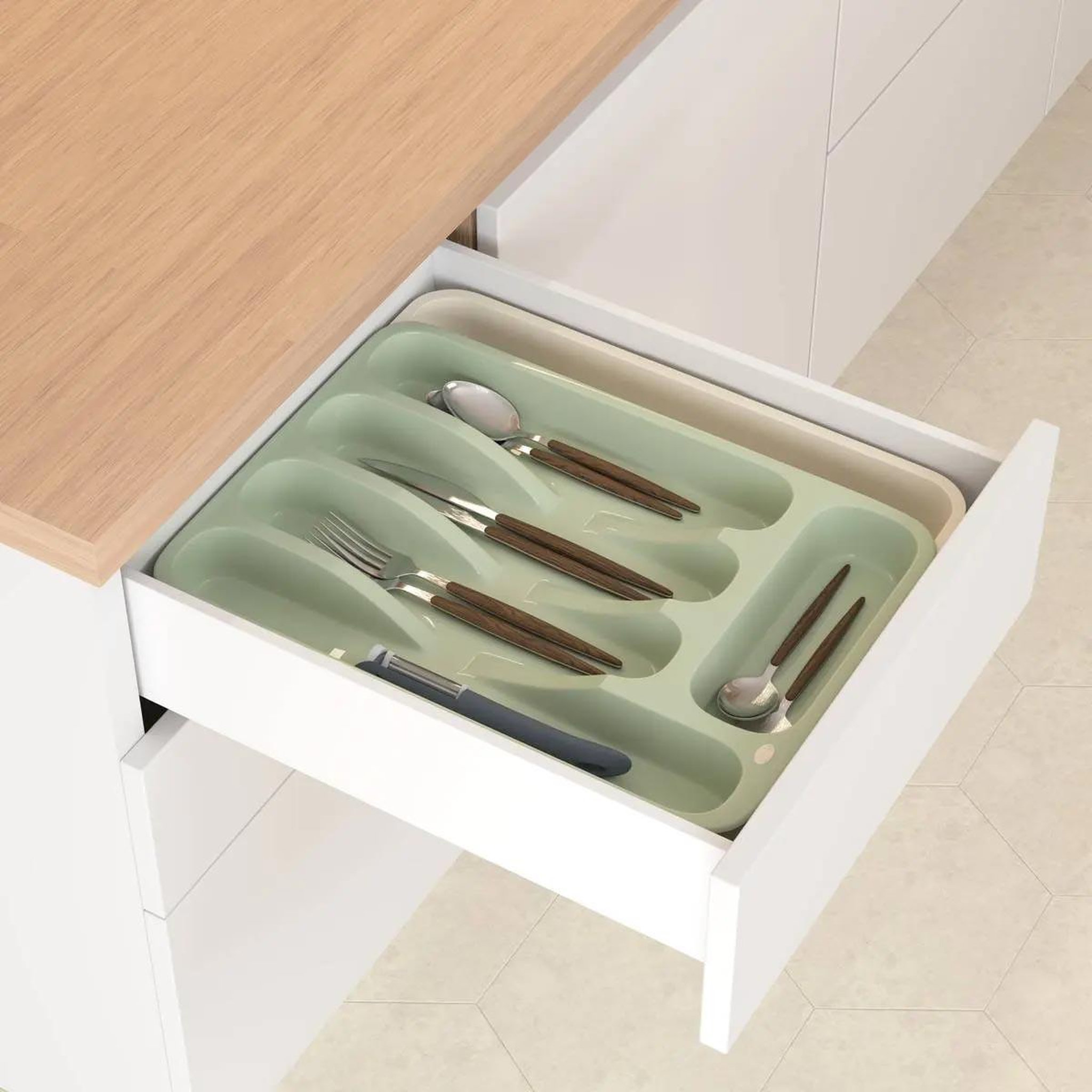 Voir la diapositive 5 : FIVE Range-couverts extensible  poly  28cm vert
