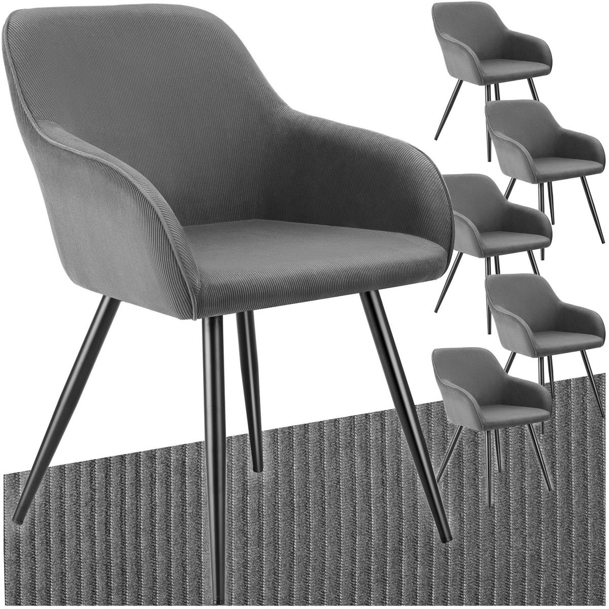 tectake Chaise de salle à manger rembourrée en velours côtelé gris/noir Lot de 6
