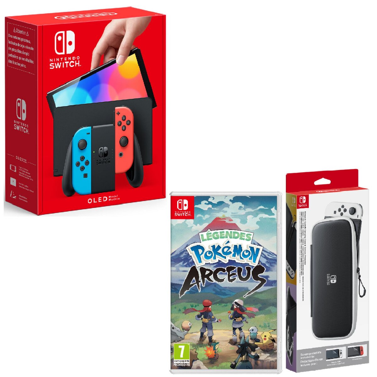 Console Nintendo Switch (modèle OLED) Joy-Con Bleu et Rouge + Pochette de transport et protection d'écran + Légendes Pokémon : Arceus