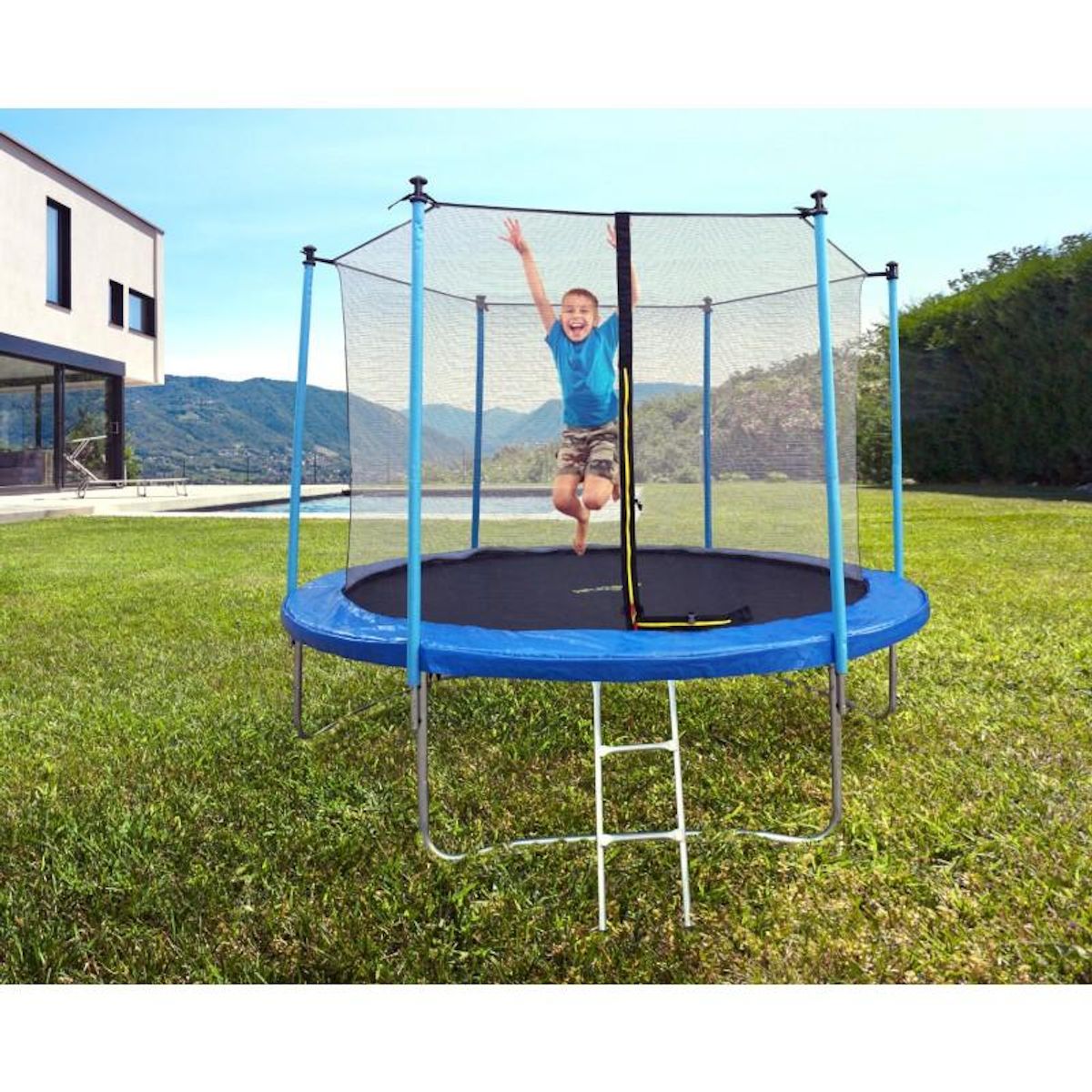 JUMP4FUN Trampoline pour enfant 8Ft ø244cm avec coussin de protection Bleu, Echelle et Filet de sécurité