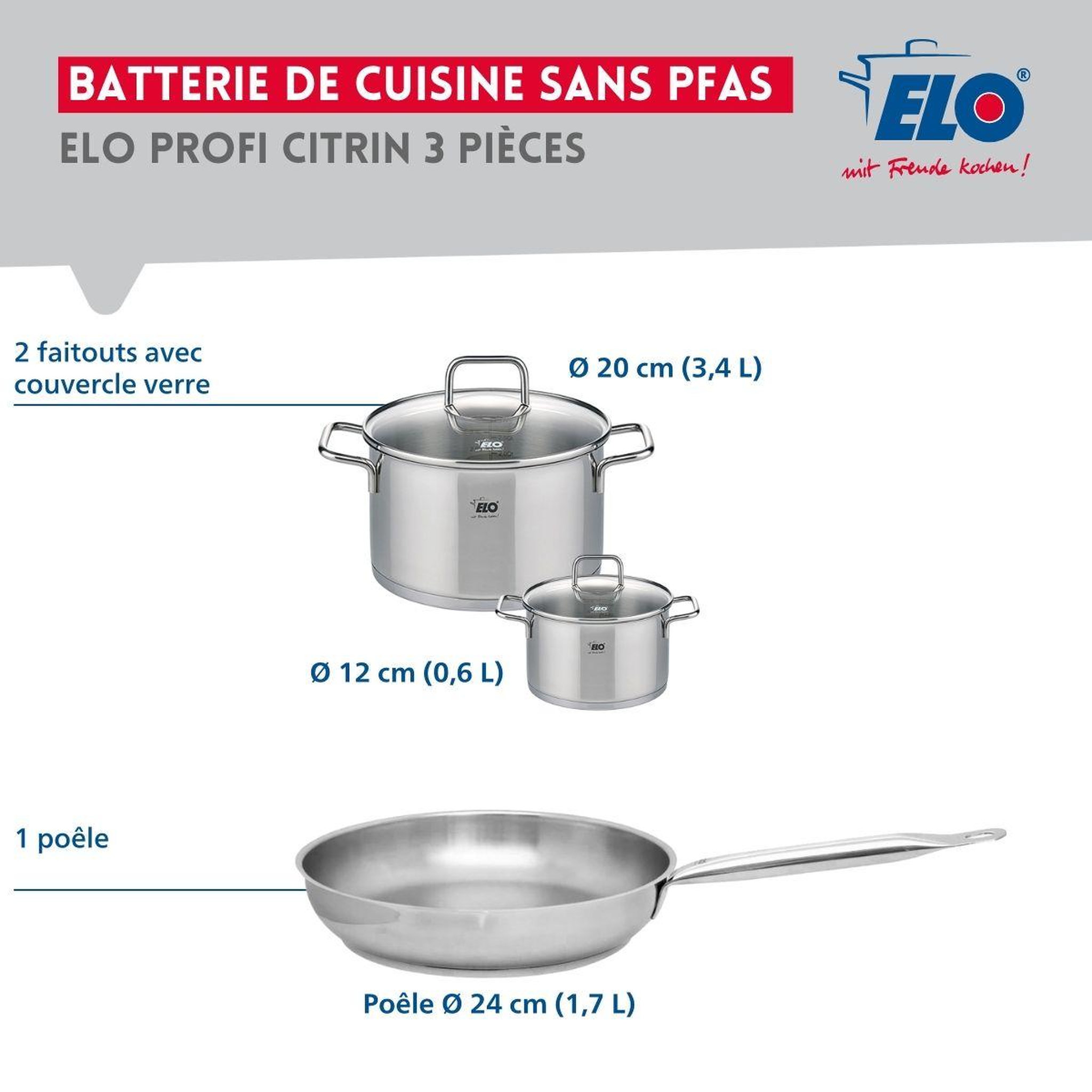 Voir la diapositive 2 : ELO Ensemble de 1 poêle de cuisson 24 cm et 2 faitouts 12 et 20 cm elo profi citrin