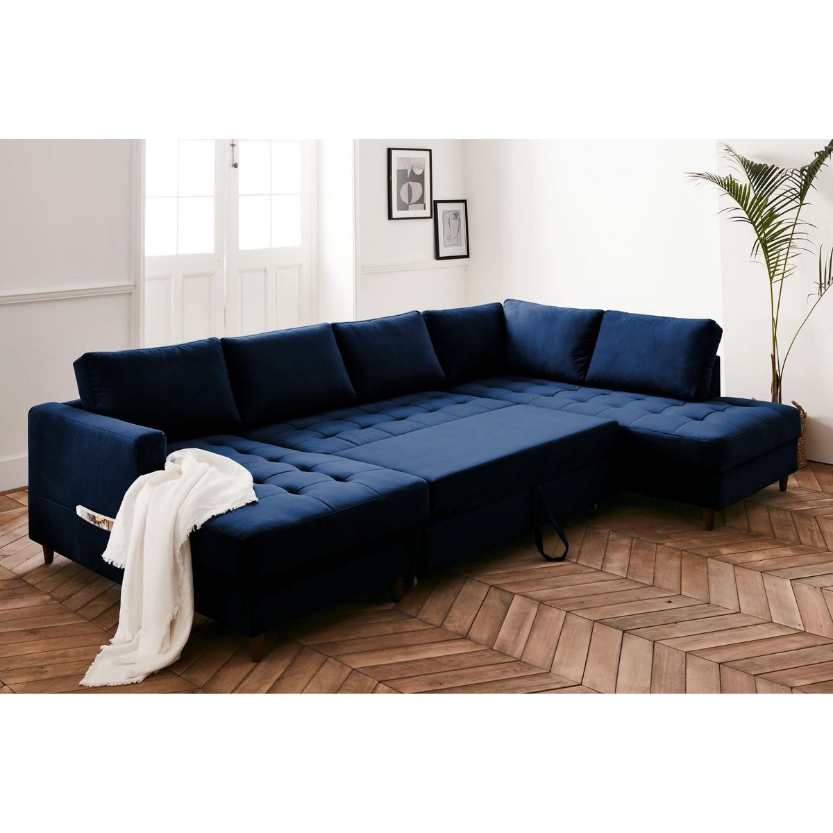 LISA DESIGN Anna - canapé panoramique d'angle droit - 7 places - convertible avec coffre - en velours